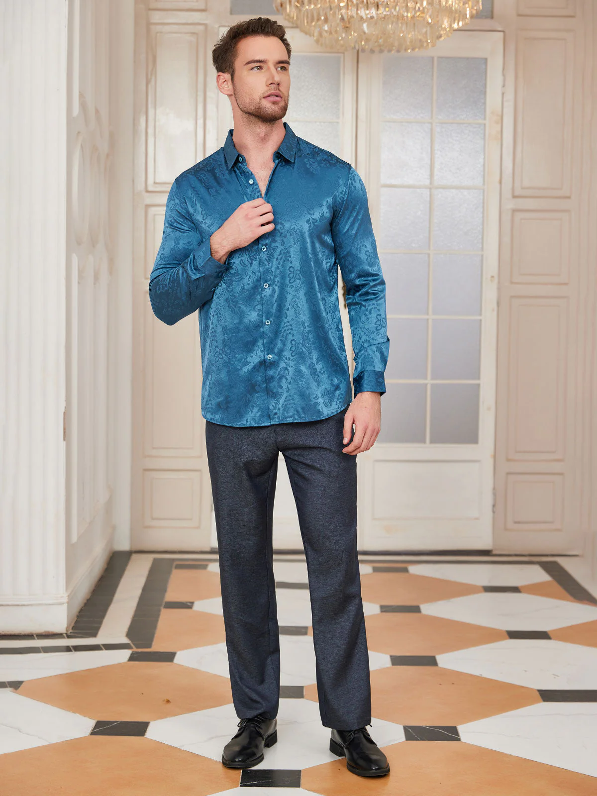 Clearance - Mulberry Silk Jacquard Shirt for Men - Image 9