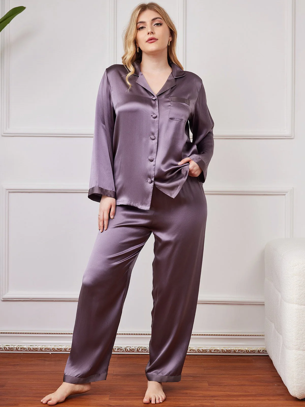 Clearance - Plus Size Pure Silk Button-Up Women’s Pajamas - Image 12