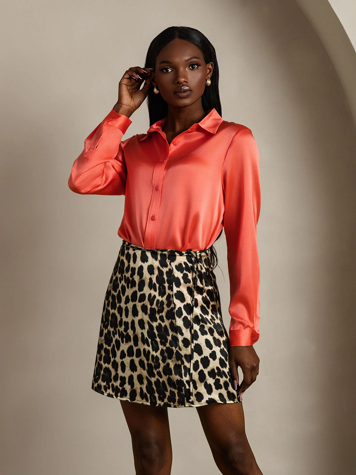 Pure Silk Leopard Print A Line Wrap Mini Skirt with Tie Waist Design - Image 8