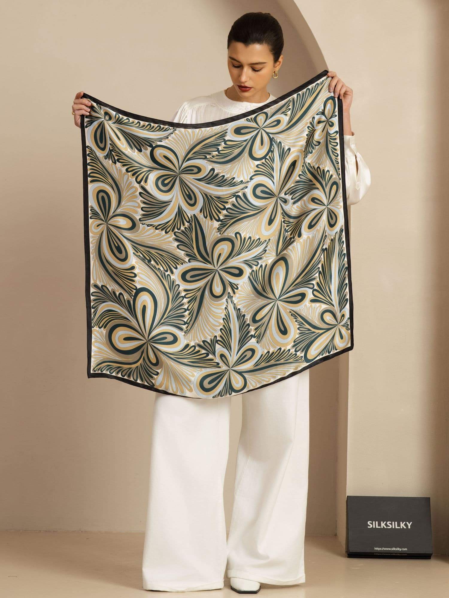Pure Silk Abstract Floral Pattern  Square Scarf - Size 90x90cm - Image 2