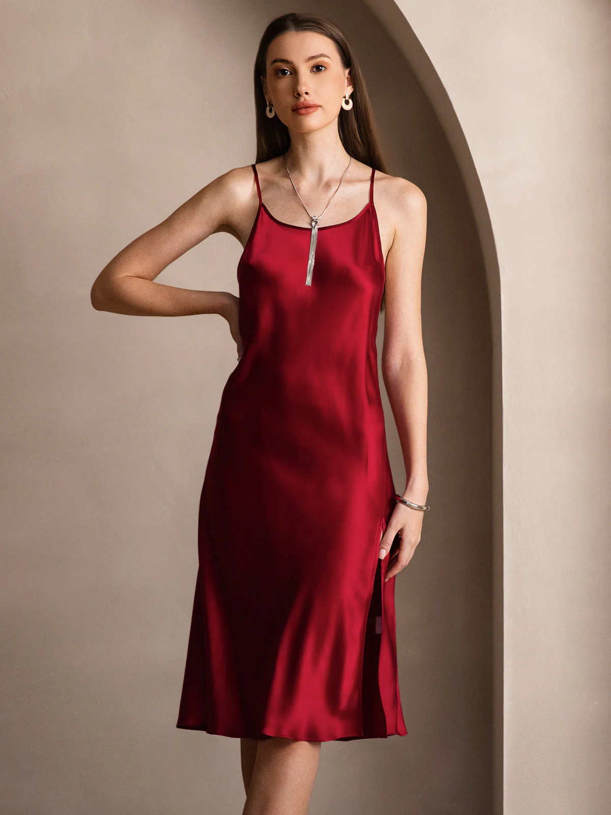 Pure Silk Spaghetti Strap U Neck Knee Dress with Split Criss Cross V-Back Design - Image 12