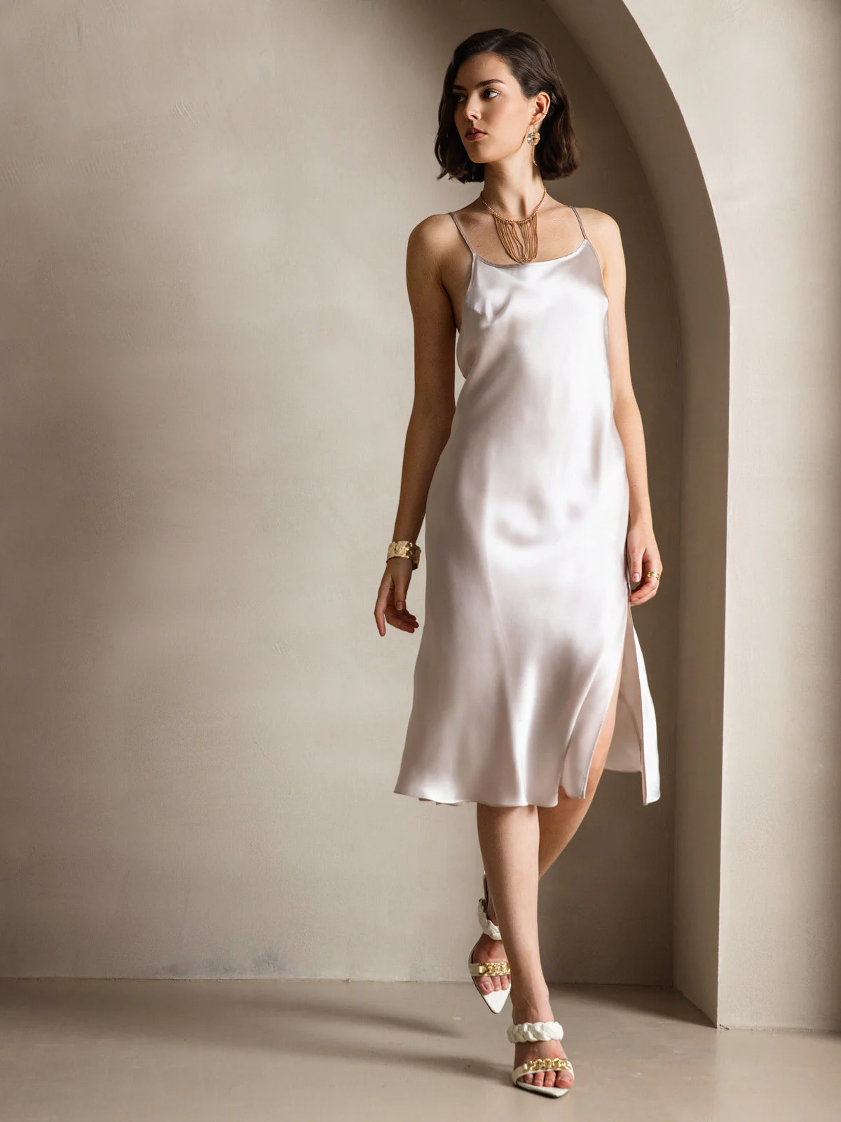 Pure Silk Spaghetti Strap U Neck Knee Dress with Split Criss Cross V-Back Design - Image 16