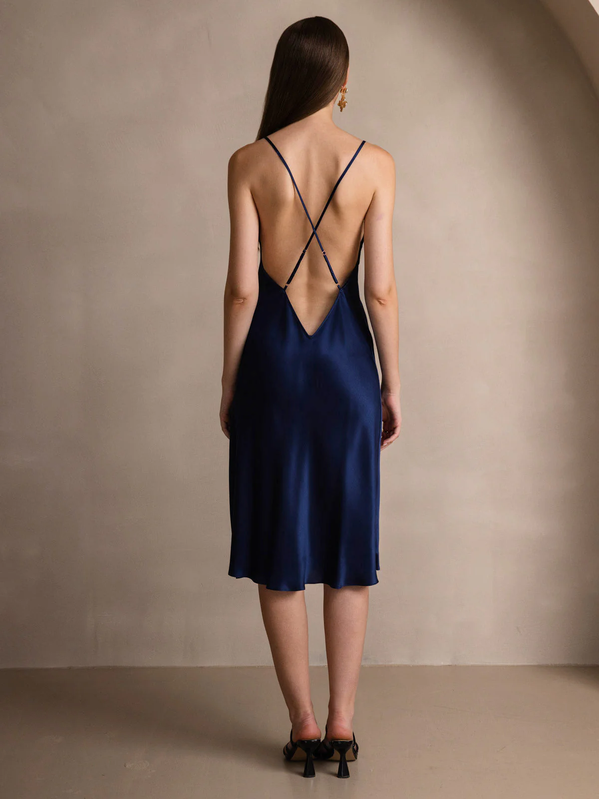 Pure Silk Spaghetti Strap U Neck Knee Dress with Split Criss Cross V-Back Design - Image 27