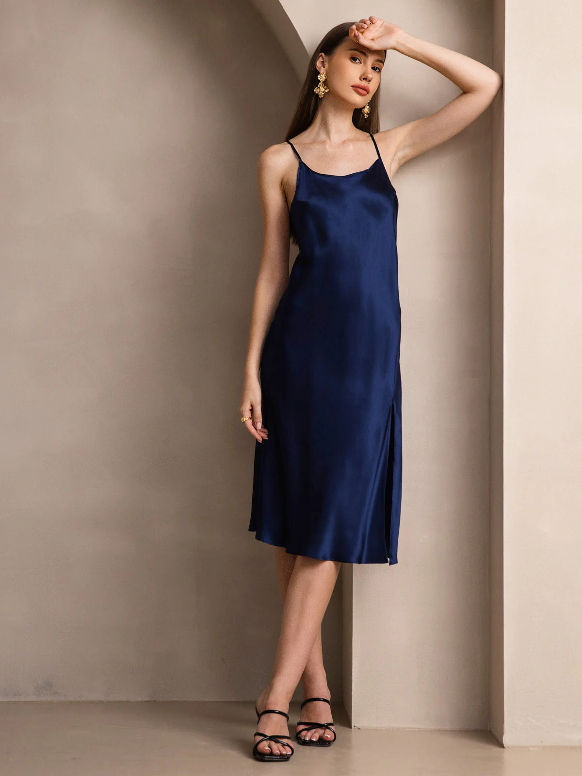 Pure Silk Spaghetti Strap U Neck Knee Dress with Split Criss Cross V-Back Design - Image 31