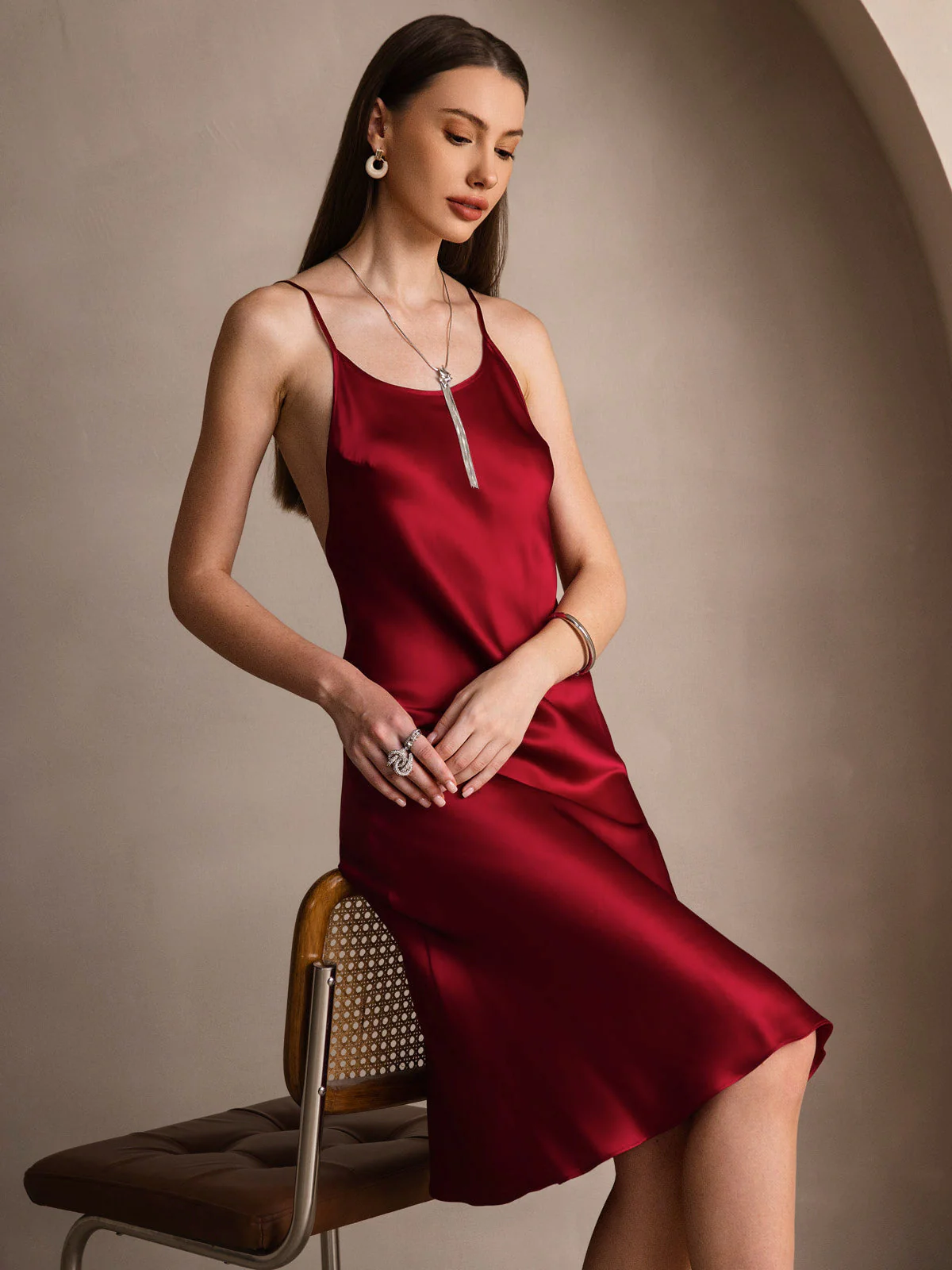 Pure Silk Spaghetti Strap U Neck Knee Dress with Split Criss Cross V-Back Design - Image 7