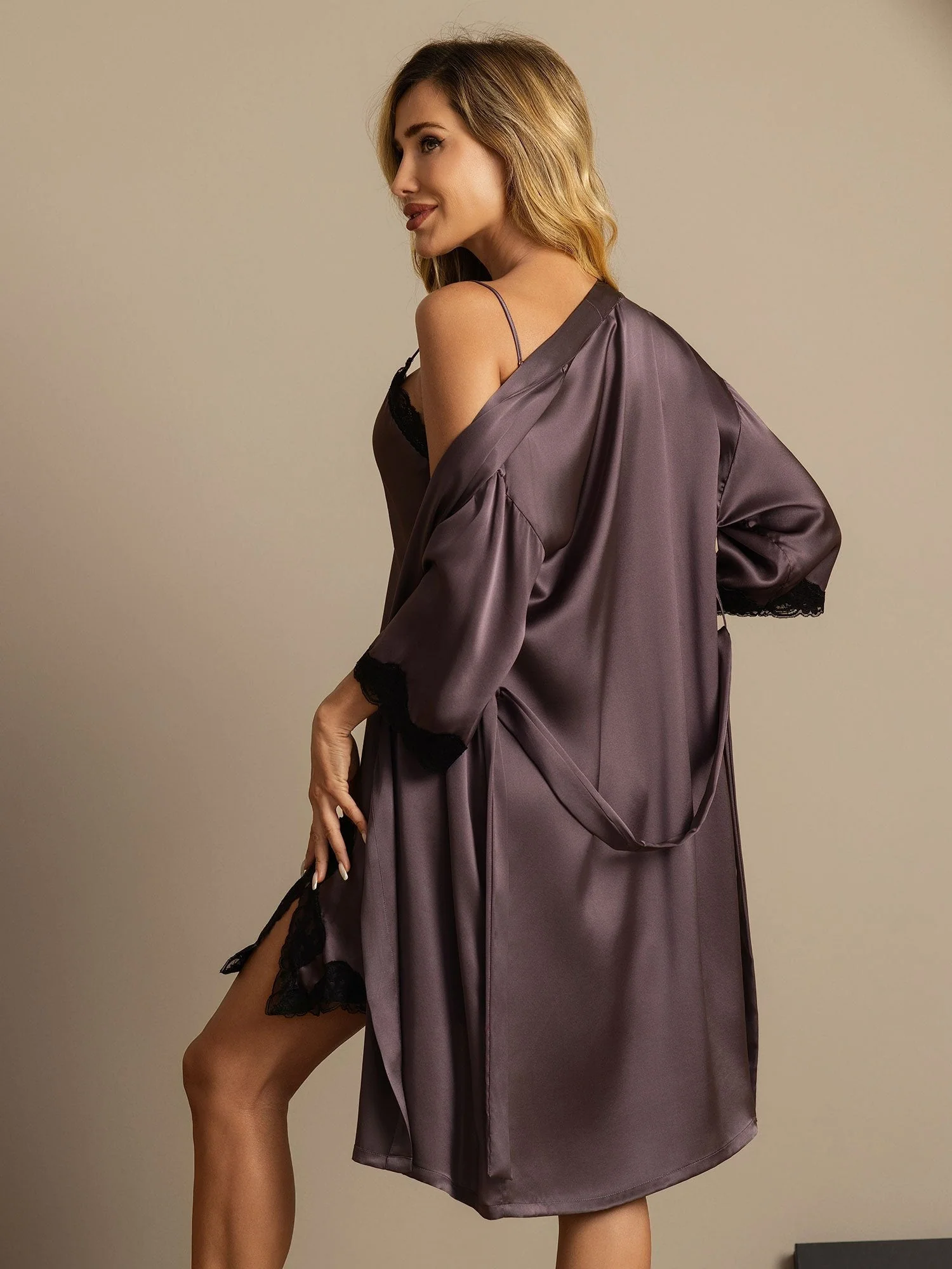 Pure Silk Basic Lace Trimmed Split Nightgown&Robe Set 2Pcs - Image 23