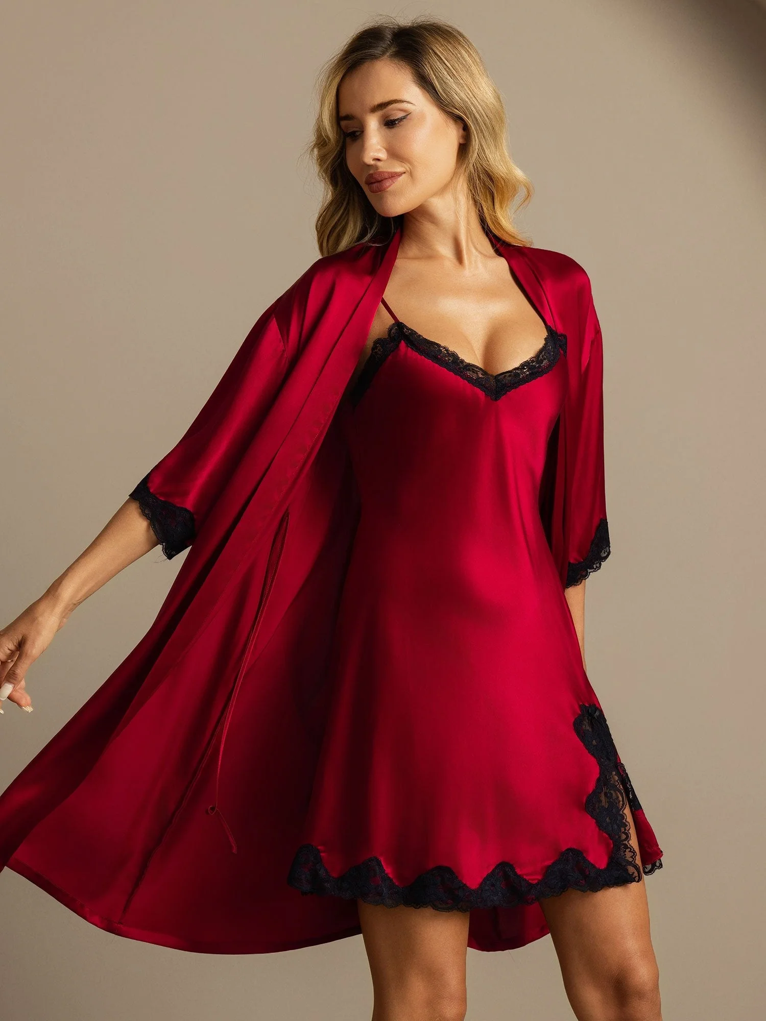 Pure Silk Basic Lace Trimmed Split Nightgown&Robe Set 2Pcs - Image 4