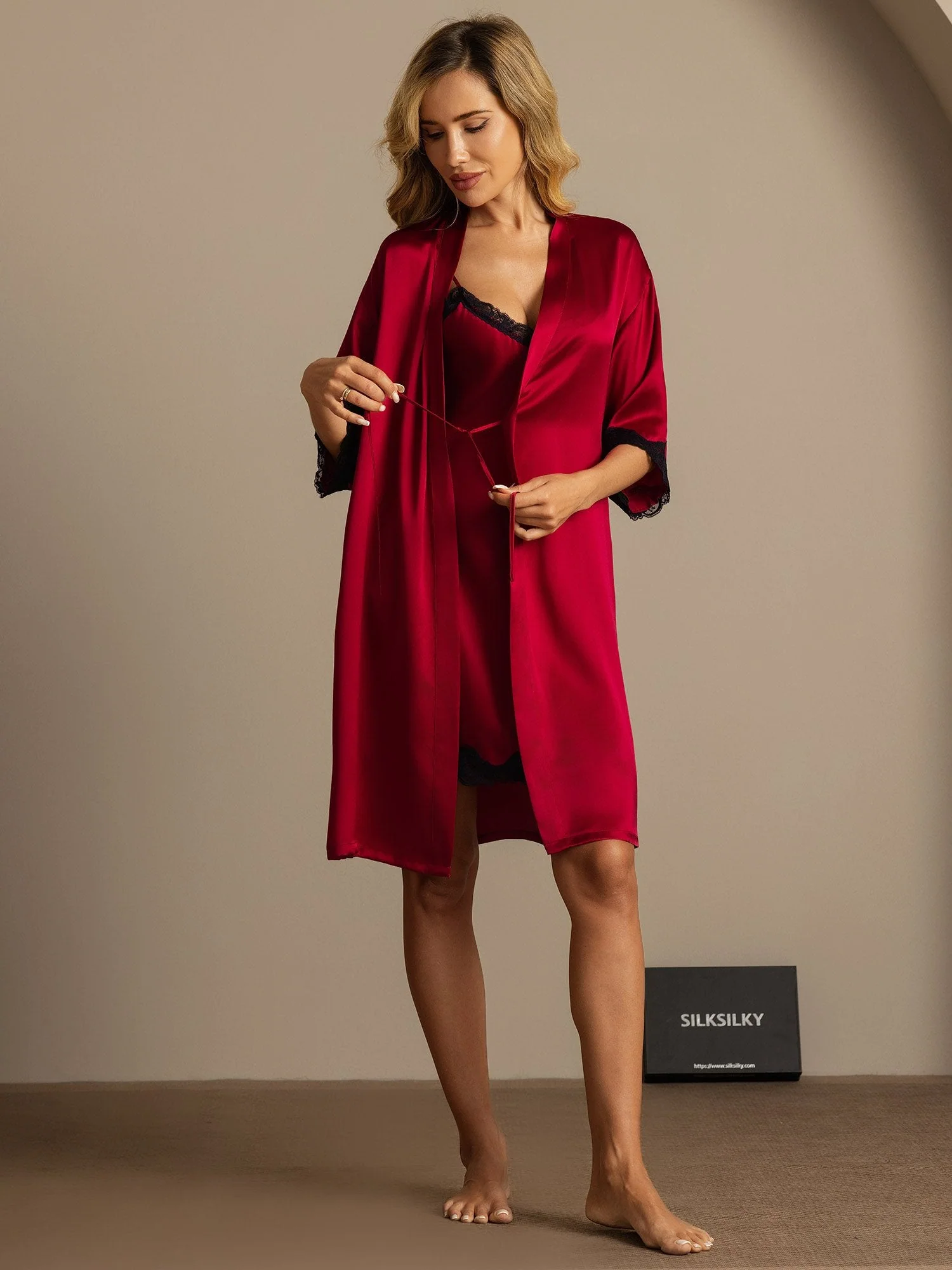 Pure Silk Basic Lace Trimmed Split Nightgown&Robe Set 2Pcs - Image 8