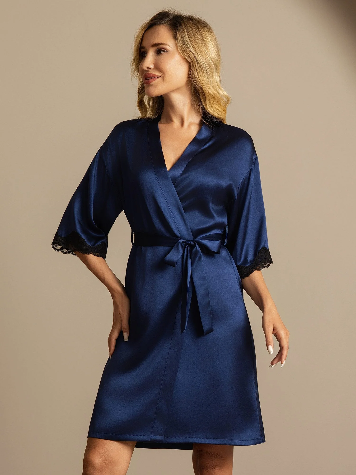 Pure Silk Basic Women's Robe with Lace Design - Image 12