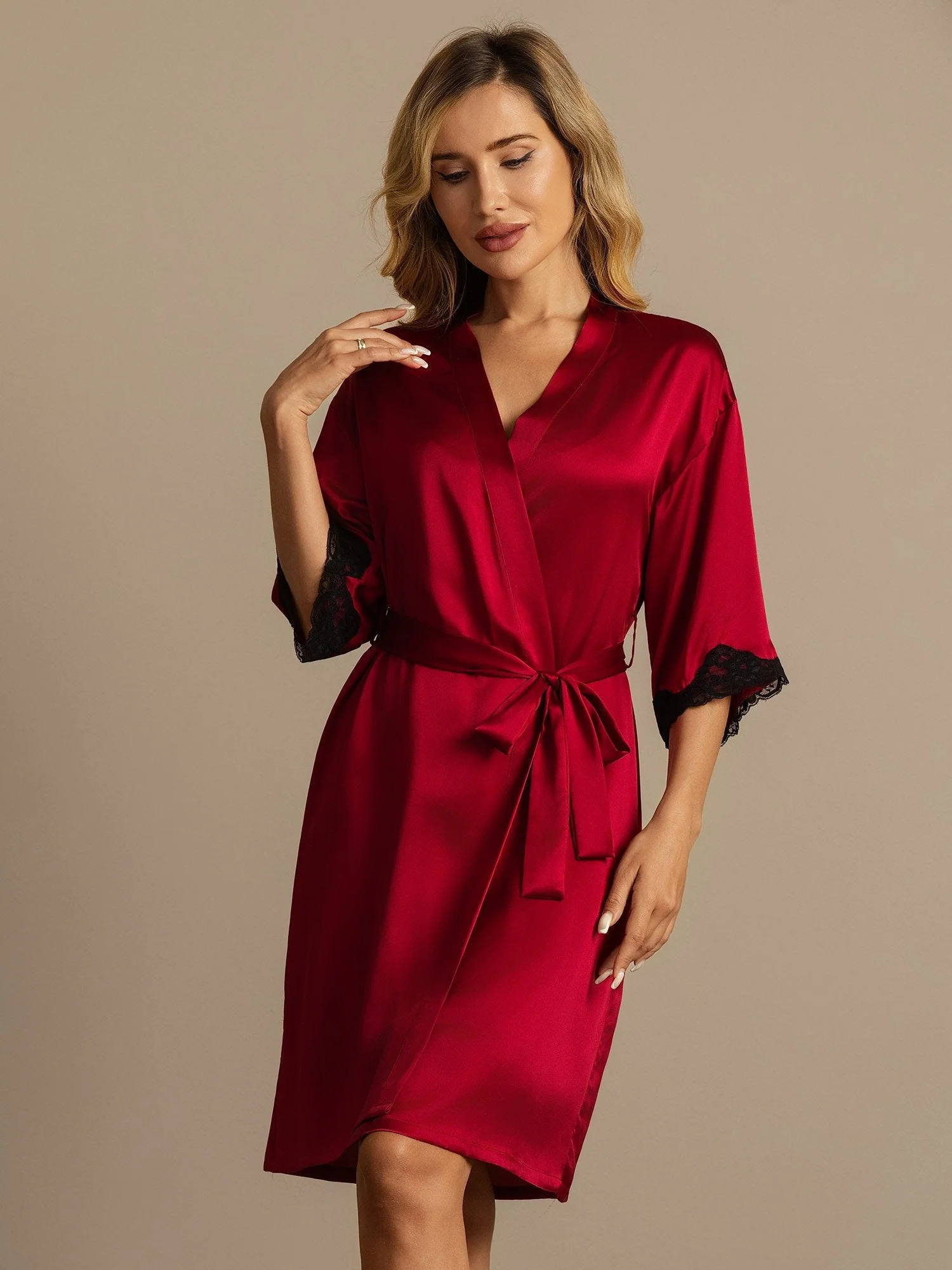 Pure Silk Basic Women's Robe with Lace Design - Image 7