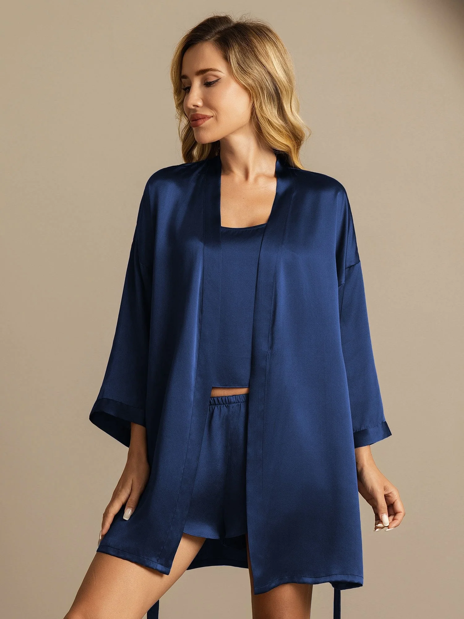 Pure Silk Belted Robe and Spaghetti Strap Camisole Set 3Pcs - Image 7