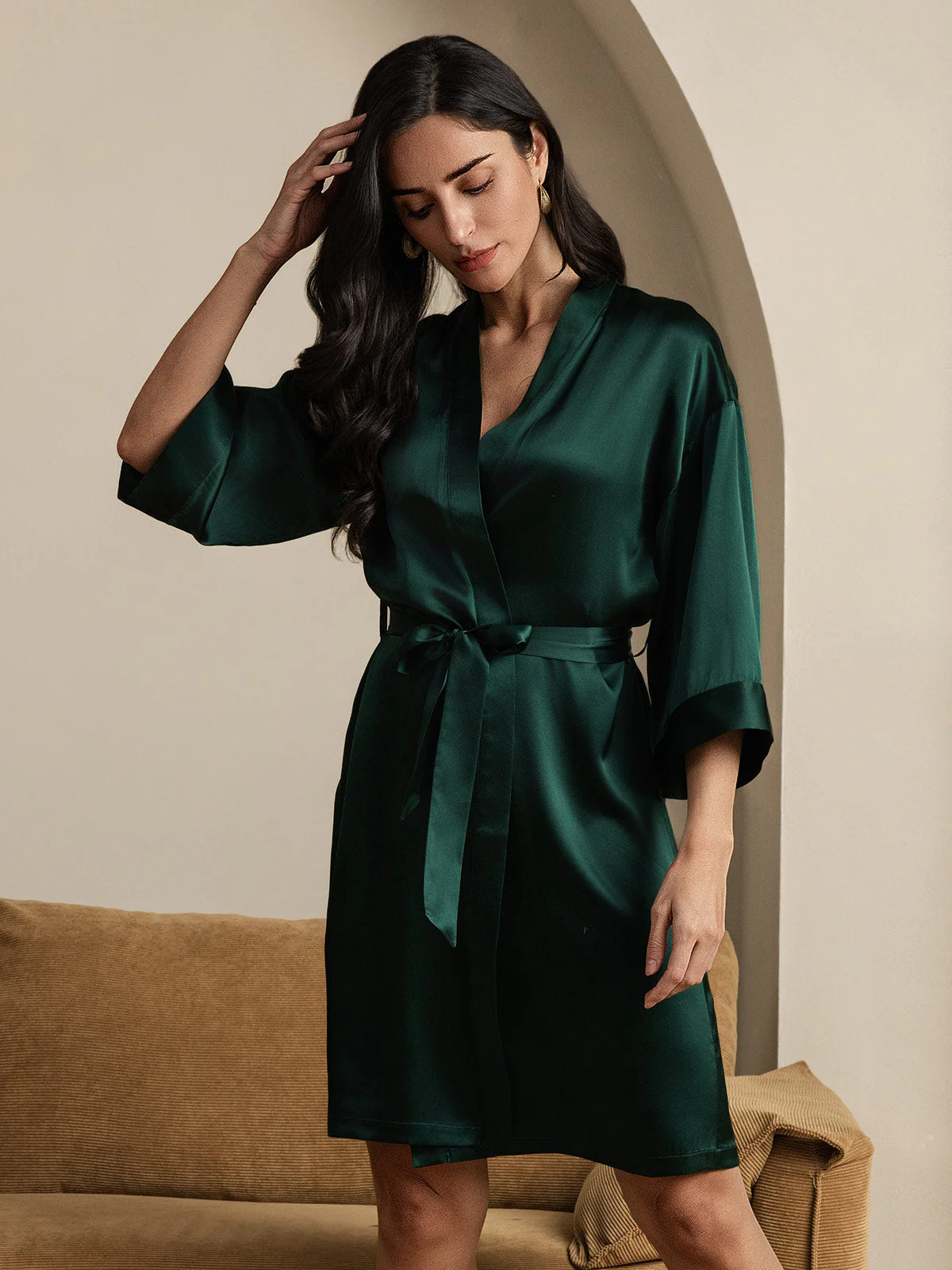 Pure Silk 3/4 Sleeve Women's Kimono Wrap Robe - Image 11