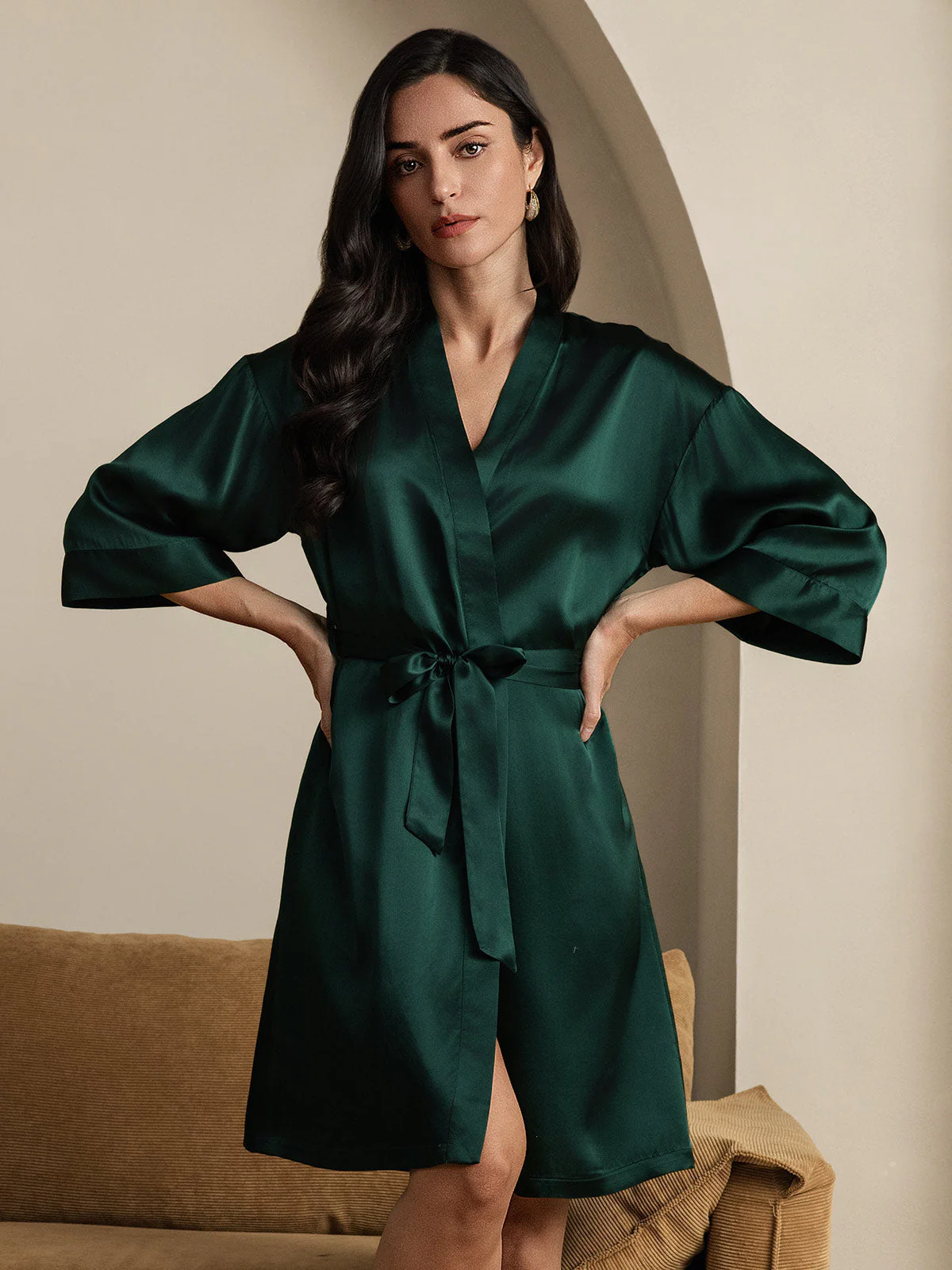 Pure Silk 3/4 Sleeve Women's Kimono Wrap Robe - Image 12