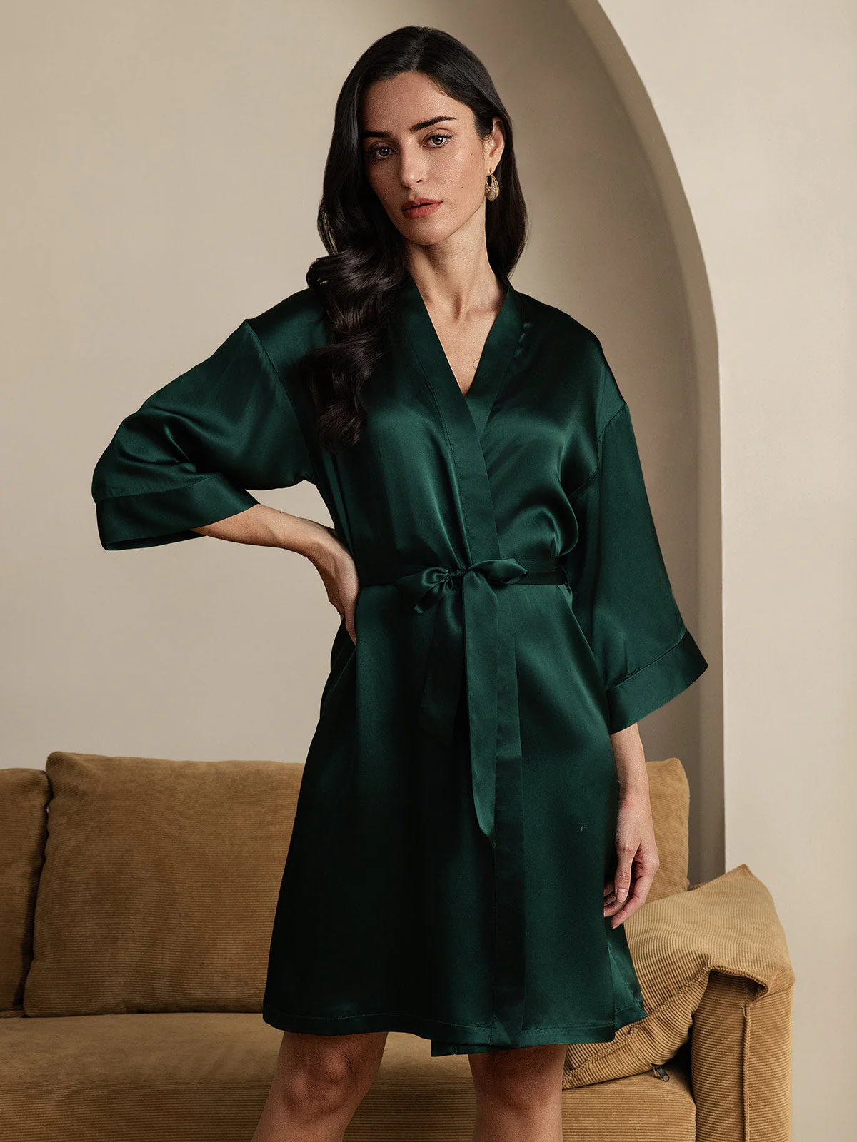 Pure Silk 3/4 Sleeve Women's Kimono Wrap Robe - Image 8