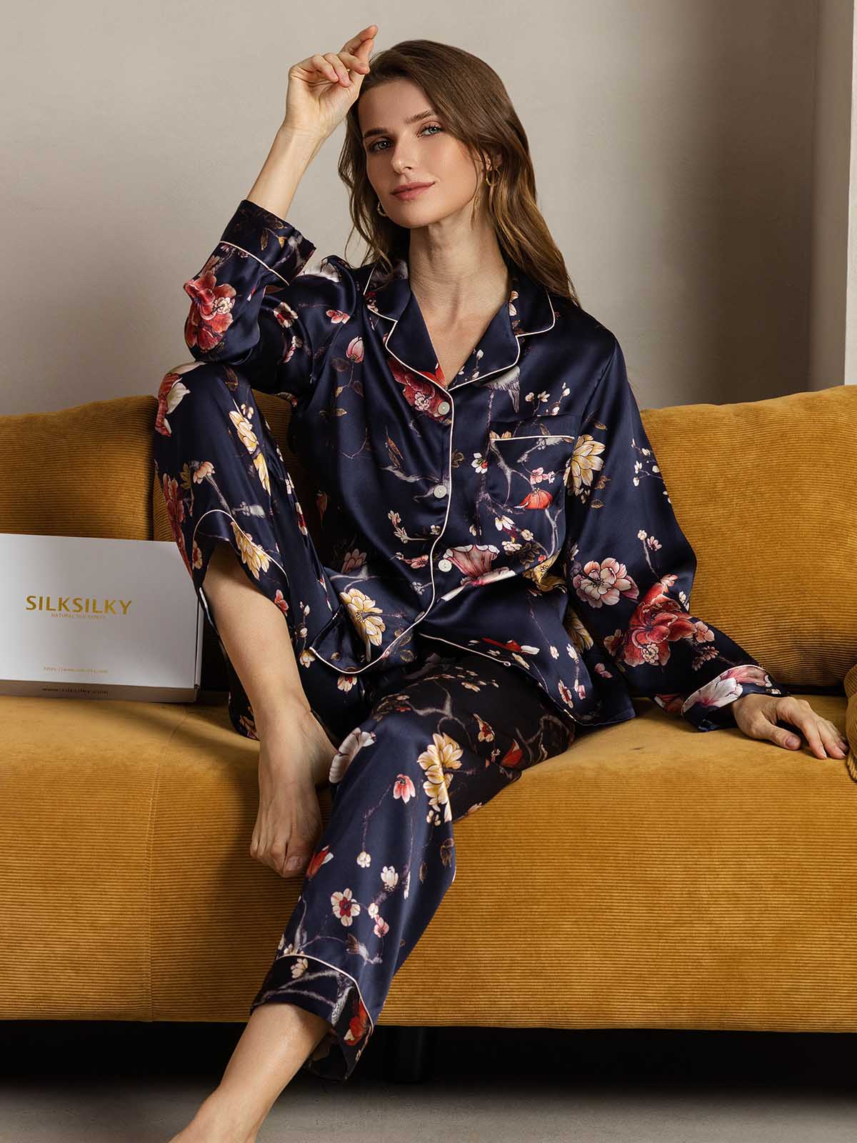 Women's Pure Silk Navy Floral Print Long Sleeve Notch Collar Button Up Pajamas Set - Image 3
