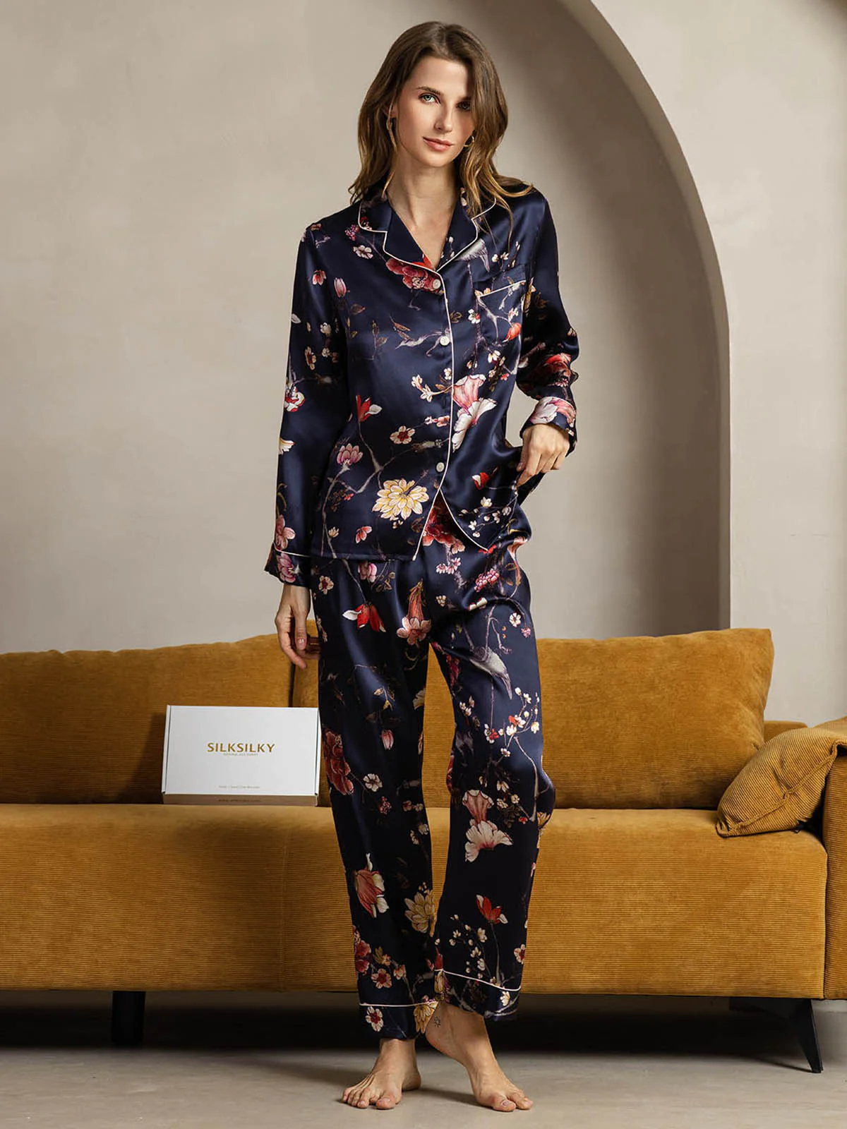 Women's Pure Silk Navy Floral Print Long Sleeve Notch Collar Button Up Pajamas Set - Image 4
