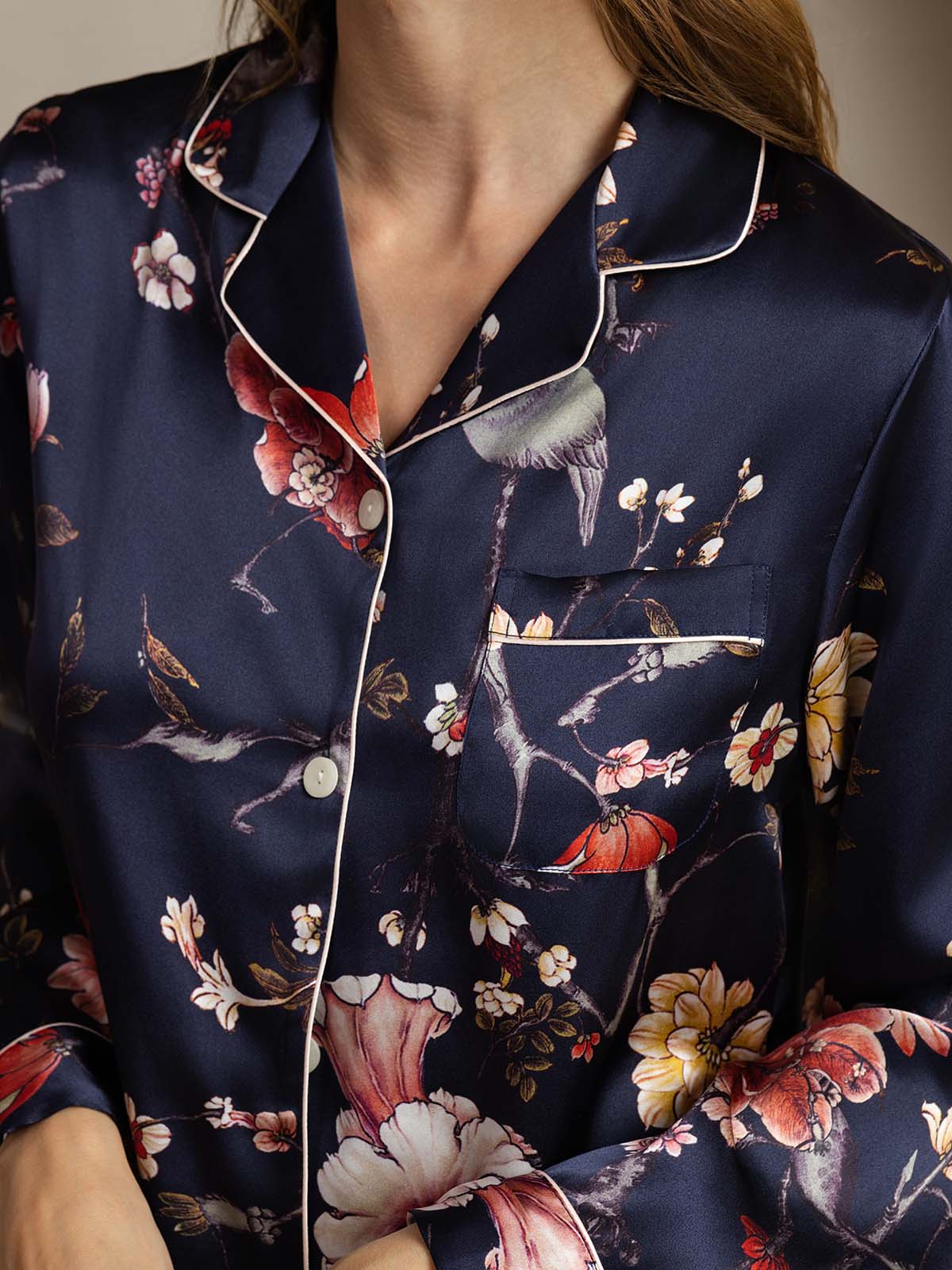 Women's Pure Silk Navy Floral Print Long Sleeve Notch Collar Button Up Pajamas Set - Image 5