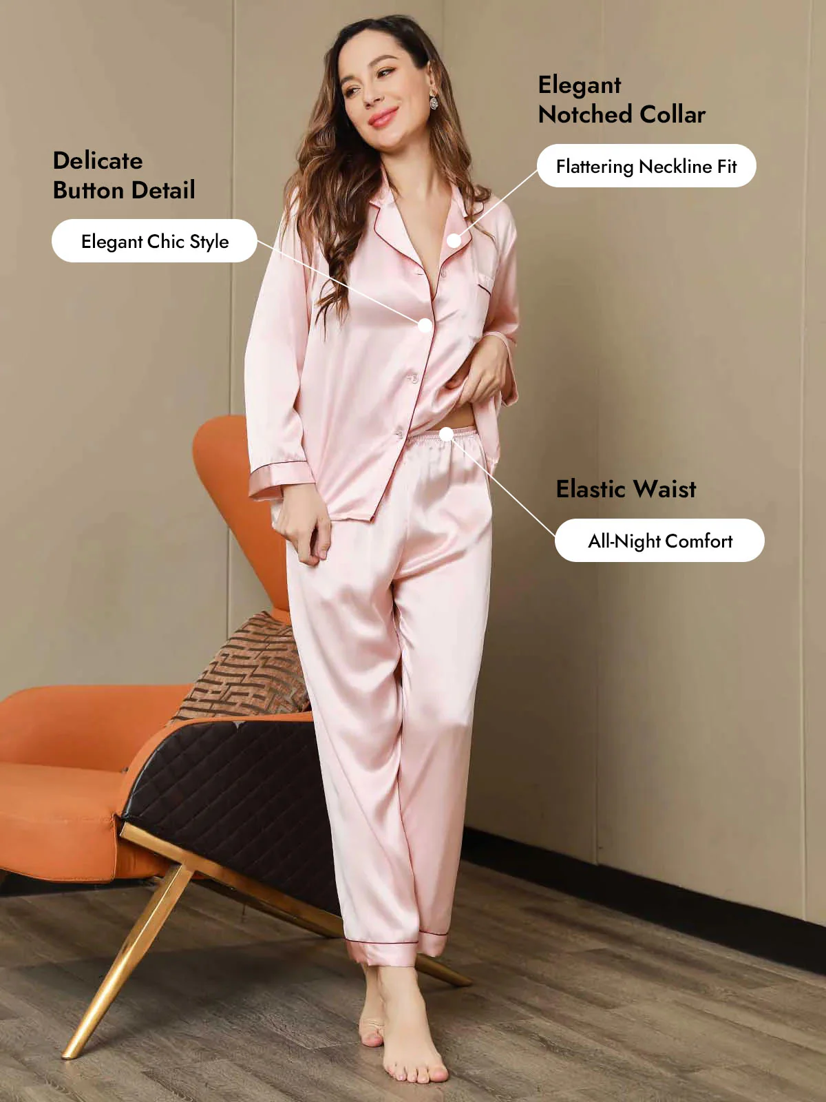 Women's Pure Silk Long Sleeve Notch Collar Pajamas Set - Image 106