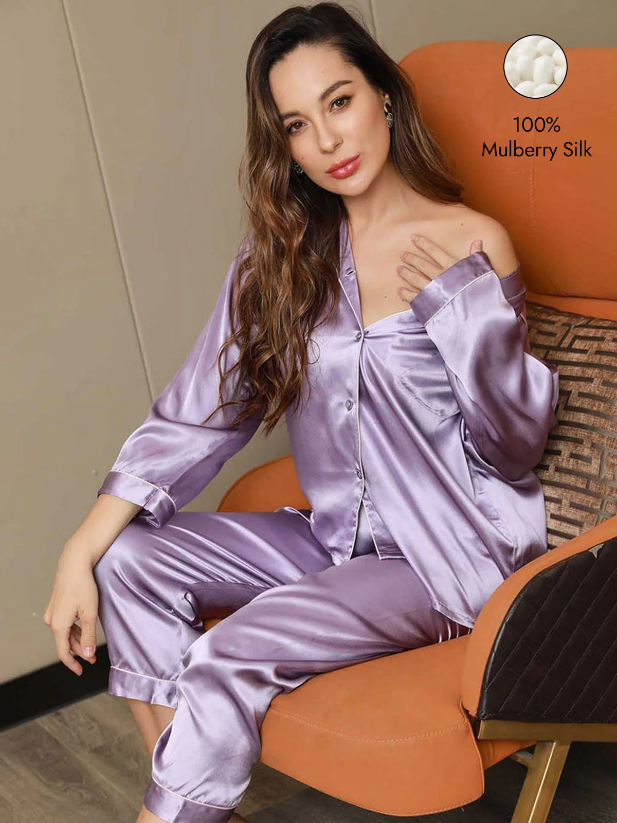 Women's Pure Silk Long Sleeve Notch Collar Pajamas Set - Image 113