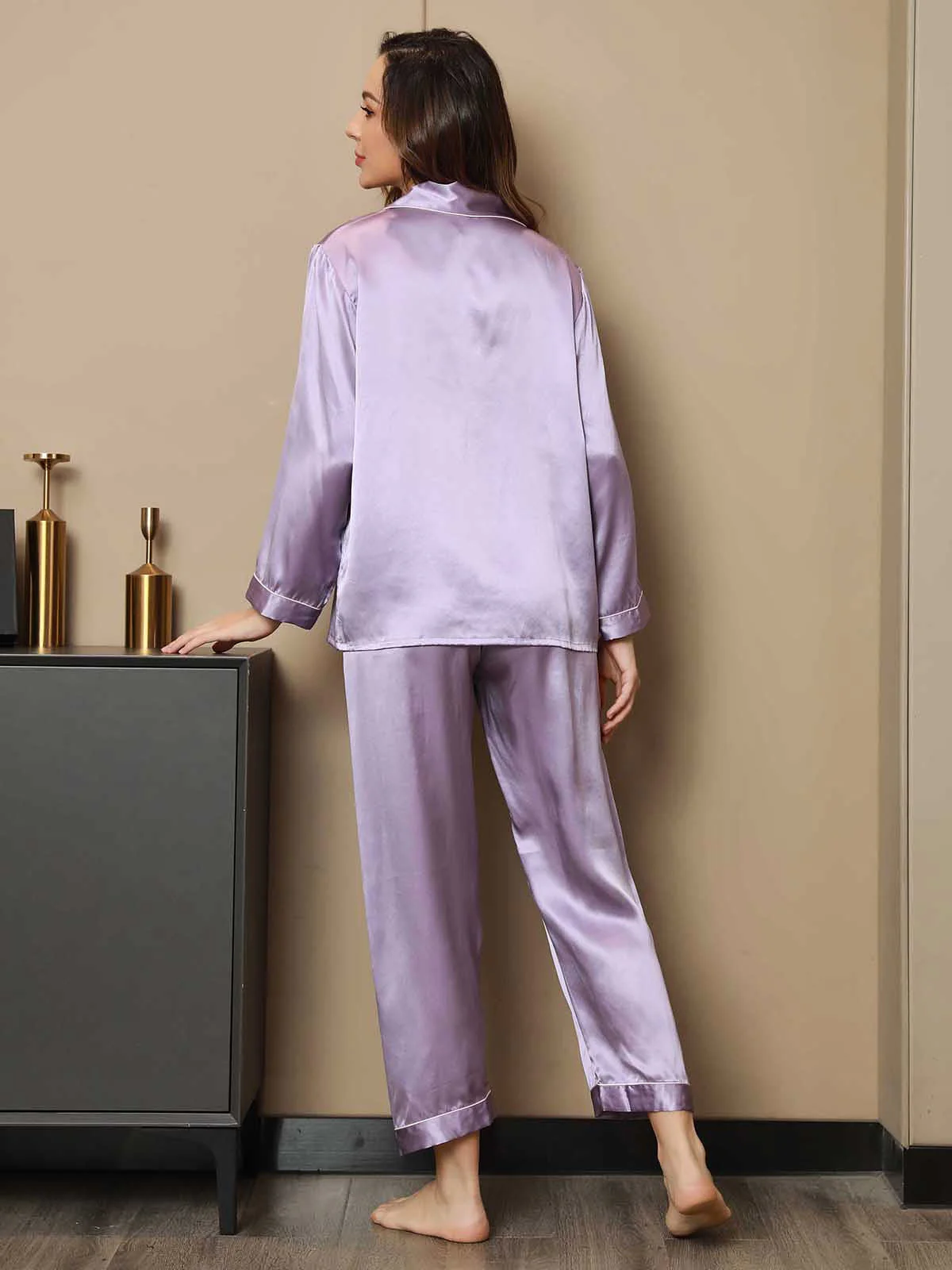 Women's Pure Silk Long Sleeve Notch Collar Pajamas Set - Image 114