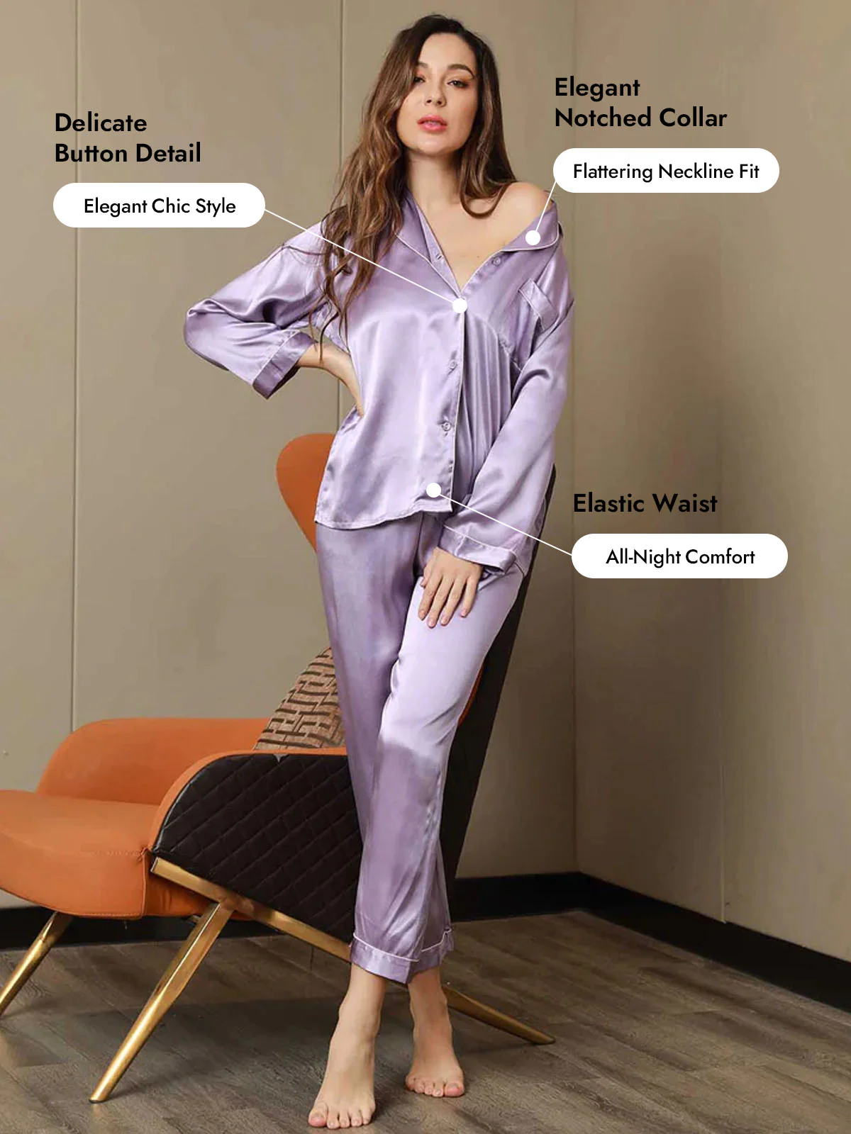 Women's Pure Silk Long Sleeve Notch Collar Pajamas Set - Image 117
