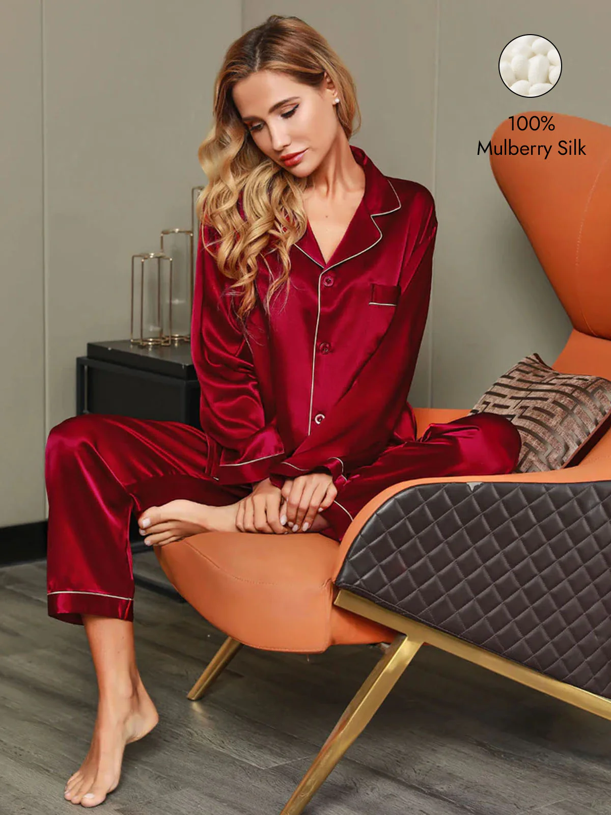 Women's Pure Silk Long Sleeve Notch Collar Pajamas Set - Image 12