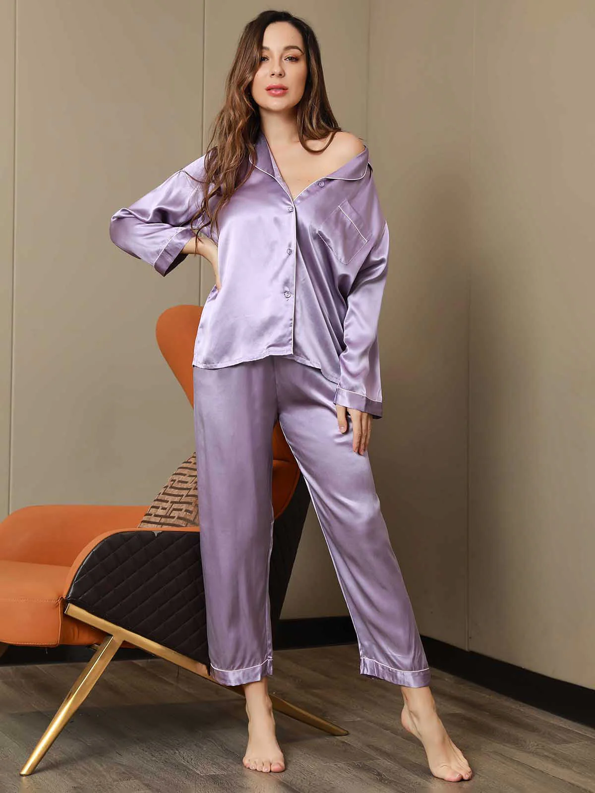 Women's Pure Silk Long Sleeve Notch Collar Pajamas Set - Image 121