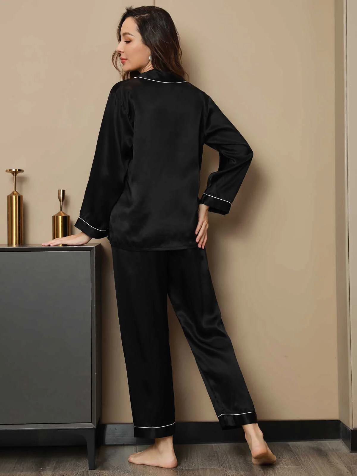 Women's Pure Silk Long Sleeve Notch Collar Pajamas Set - Image 125