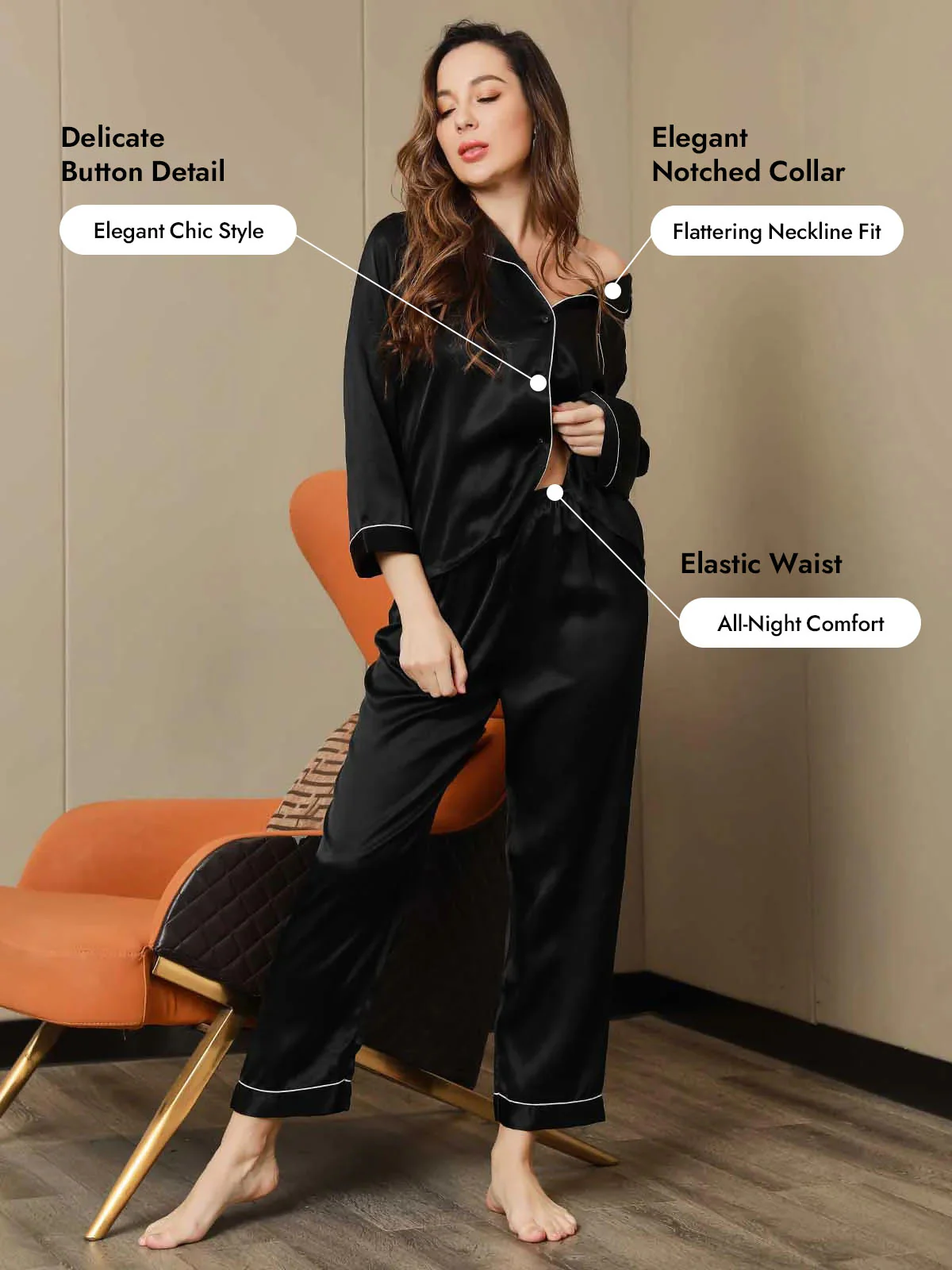 Women's Pure Silk Long Sleeve Notch Collar Pajamas Set - Image 128