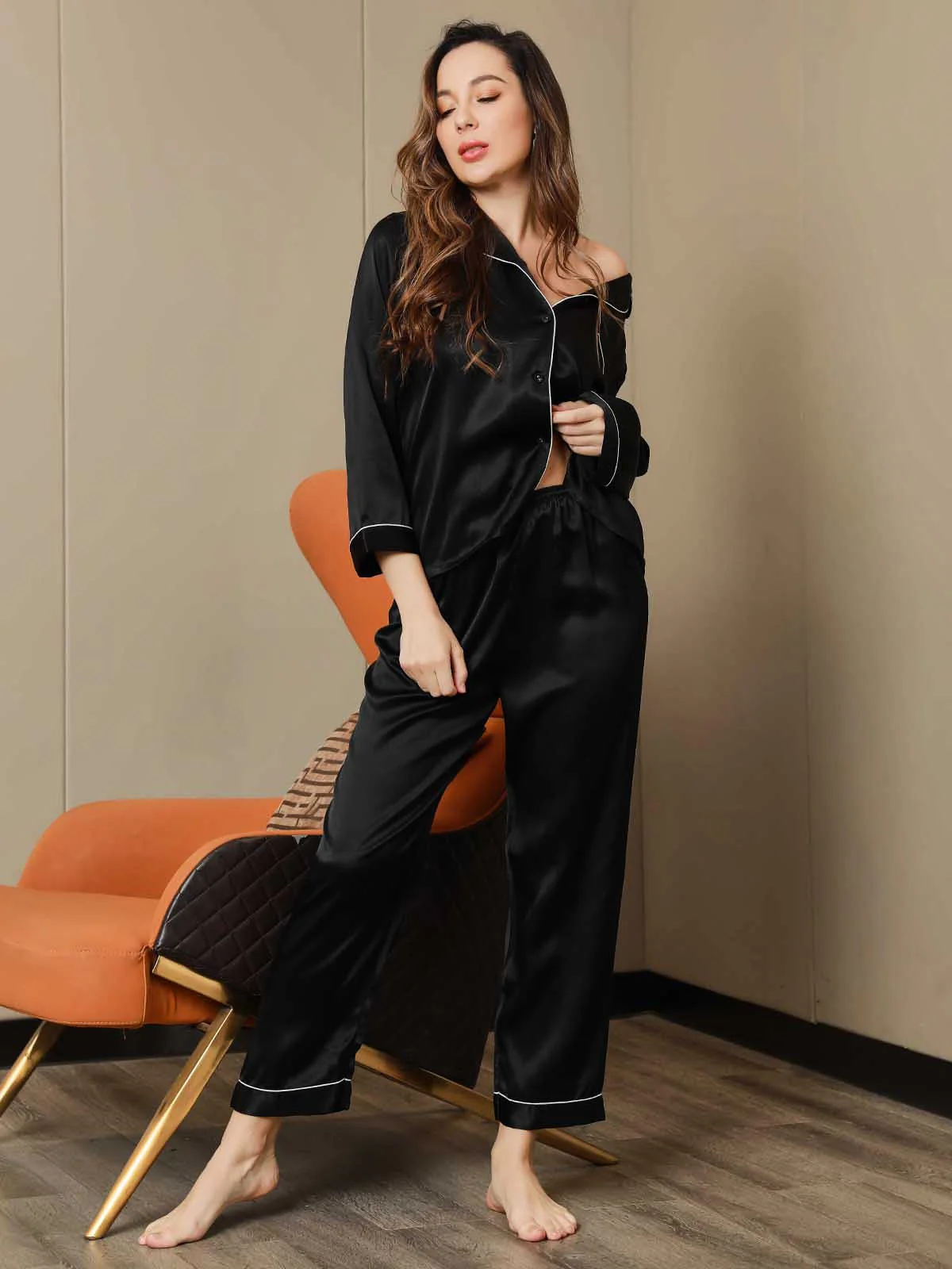 Women's Pure Silk Long Sleeve Notch Collar Pajamas Set - Image 133