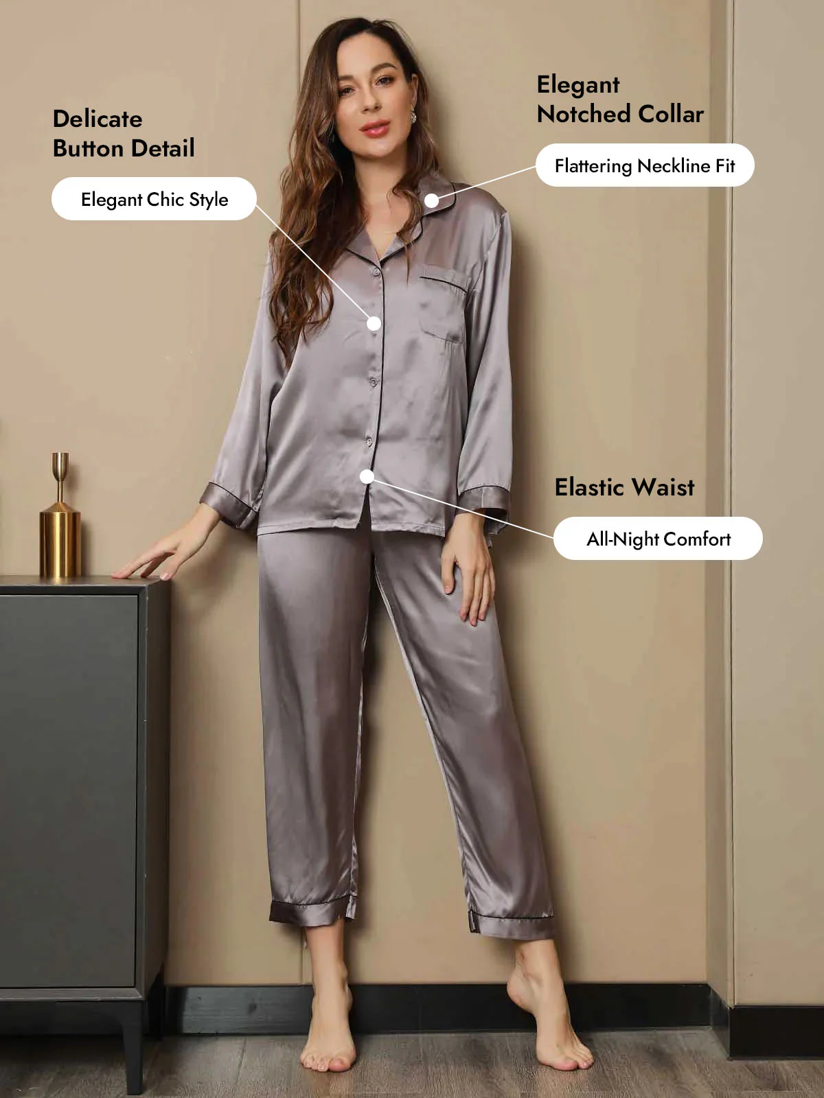 Women's Pure Silk Long Sleeve Notch Collar Pajamas Set - Image 139