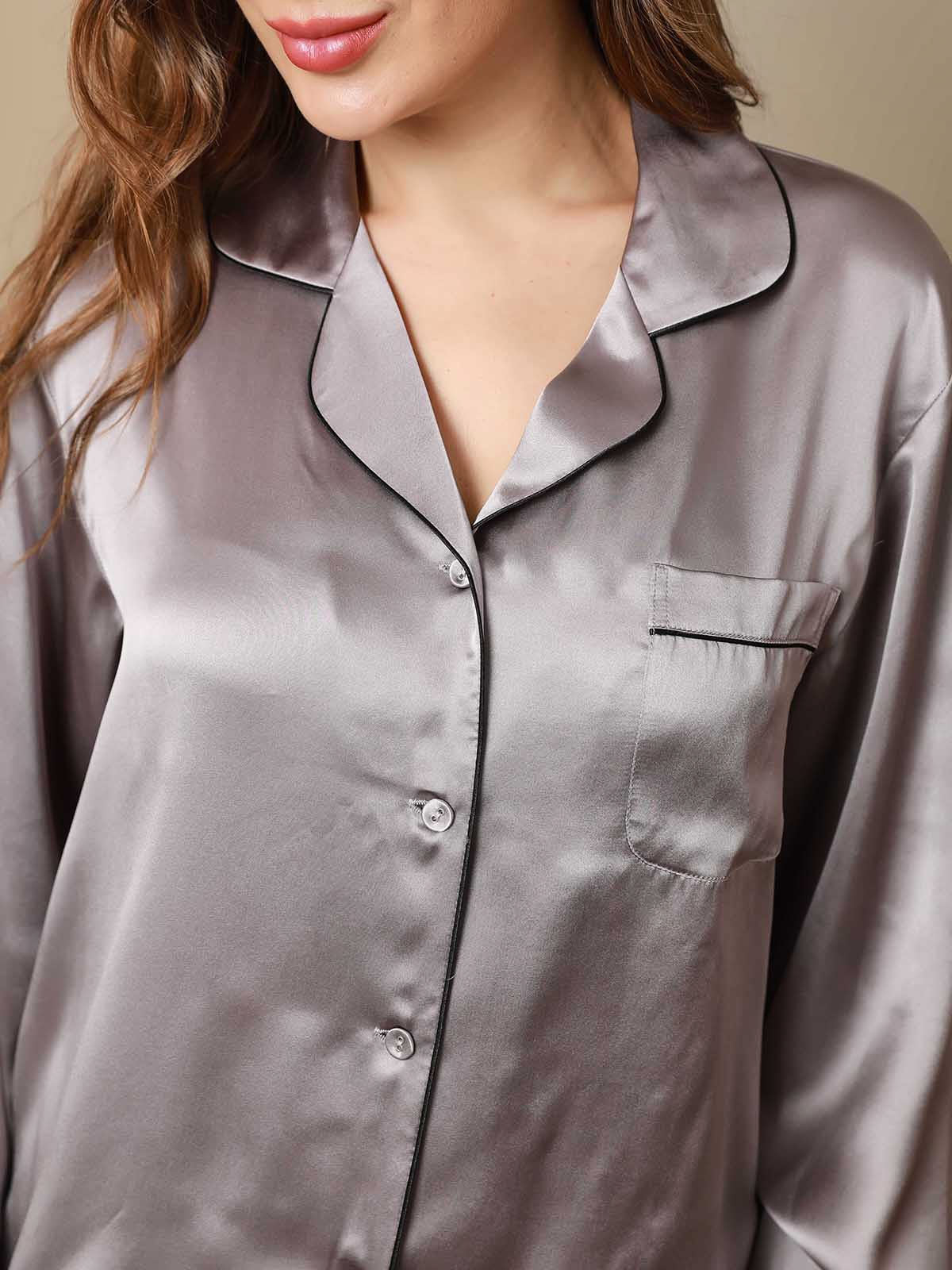 Women's Pure Silk Long Sleeve Notch Collar Pajamas Set - Image 145