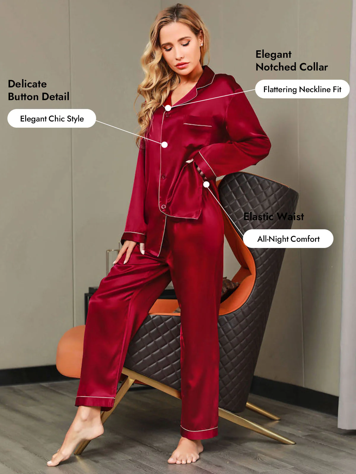 Women's Pure Silk Long Sleeve Notch Collar Pajamas Set - Image 16