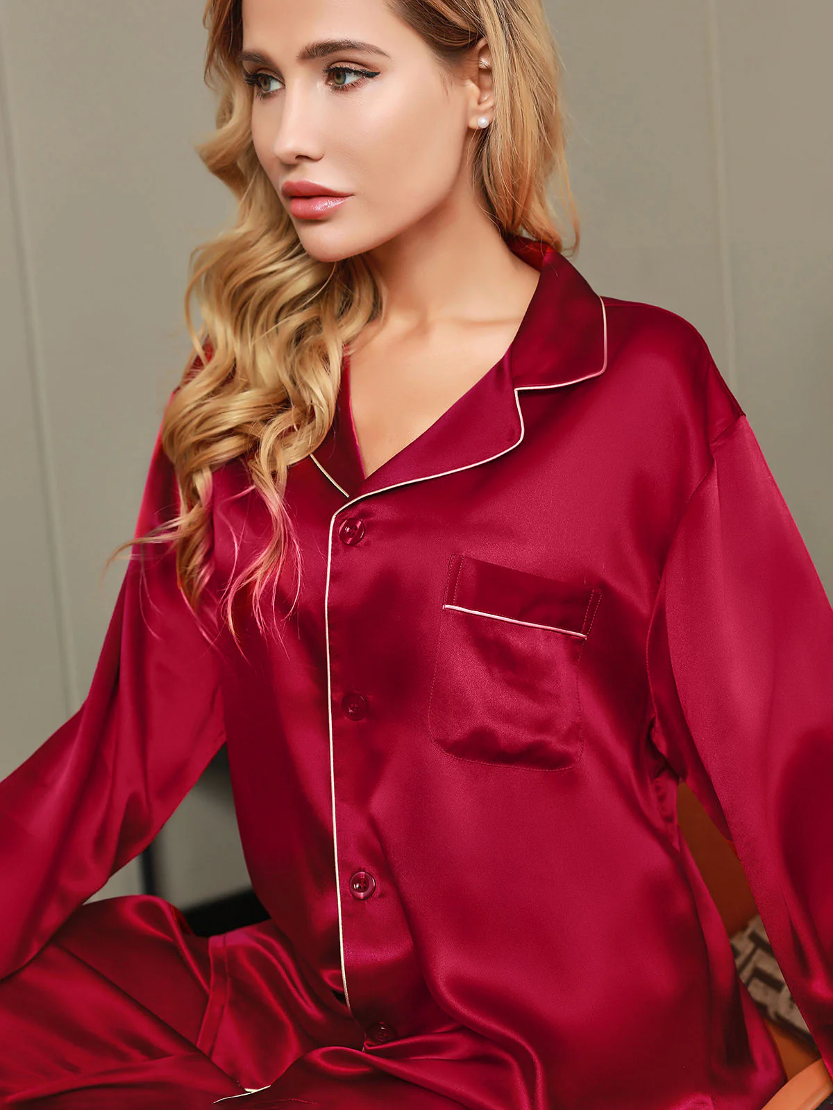 Women's Pure Silk Long Sleeve Notch Collar Pajamas Set - Image 24
