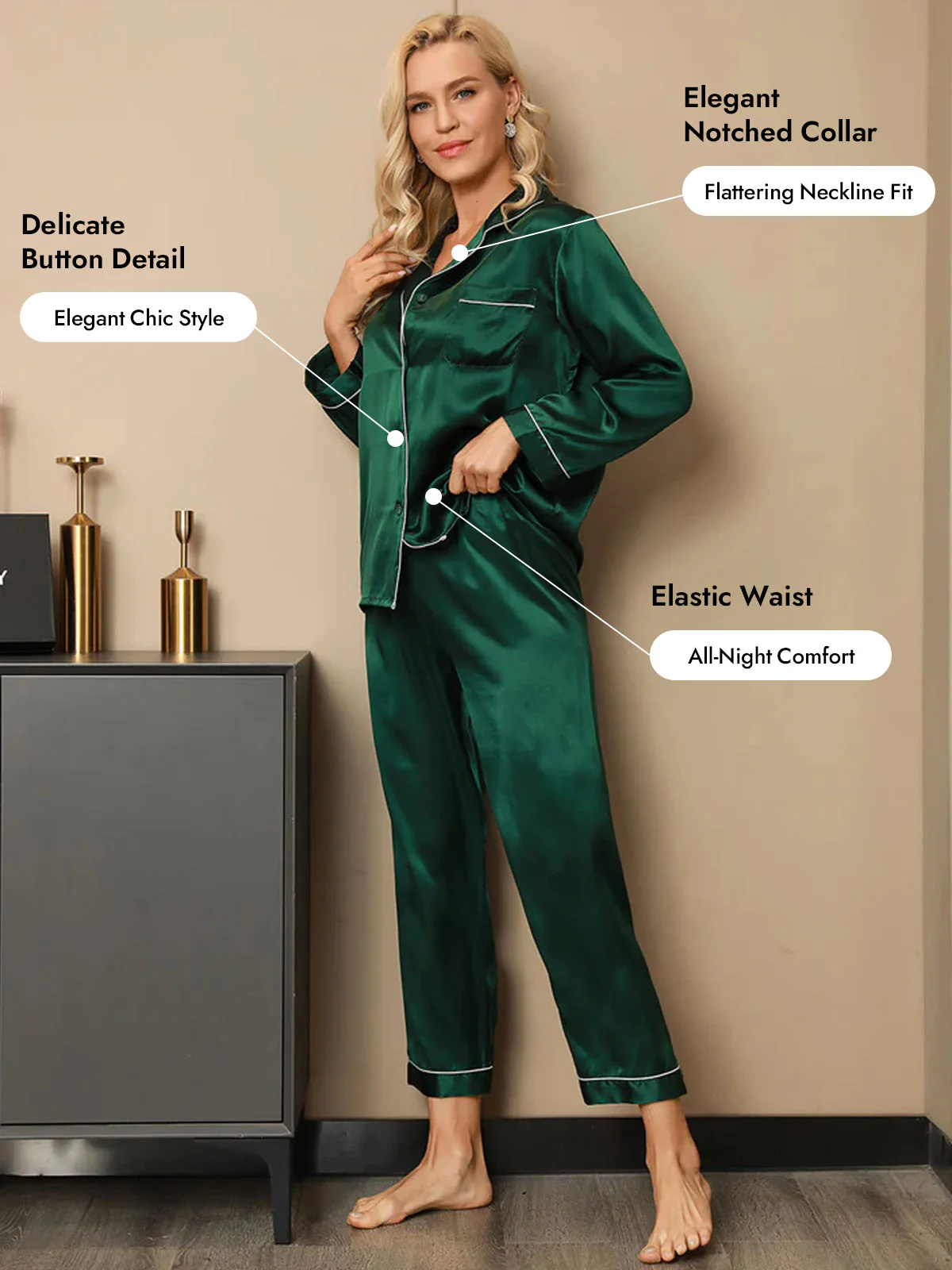 Women's Pure Silk Long Sleeve Notch Collar Pajamas Set - Image 51