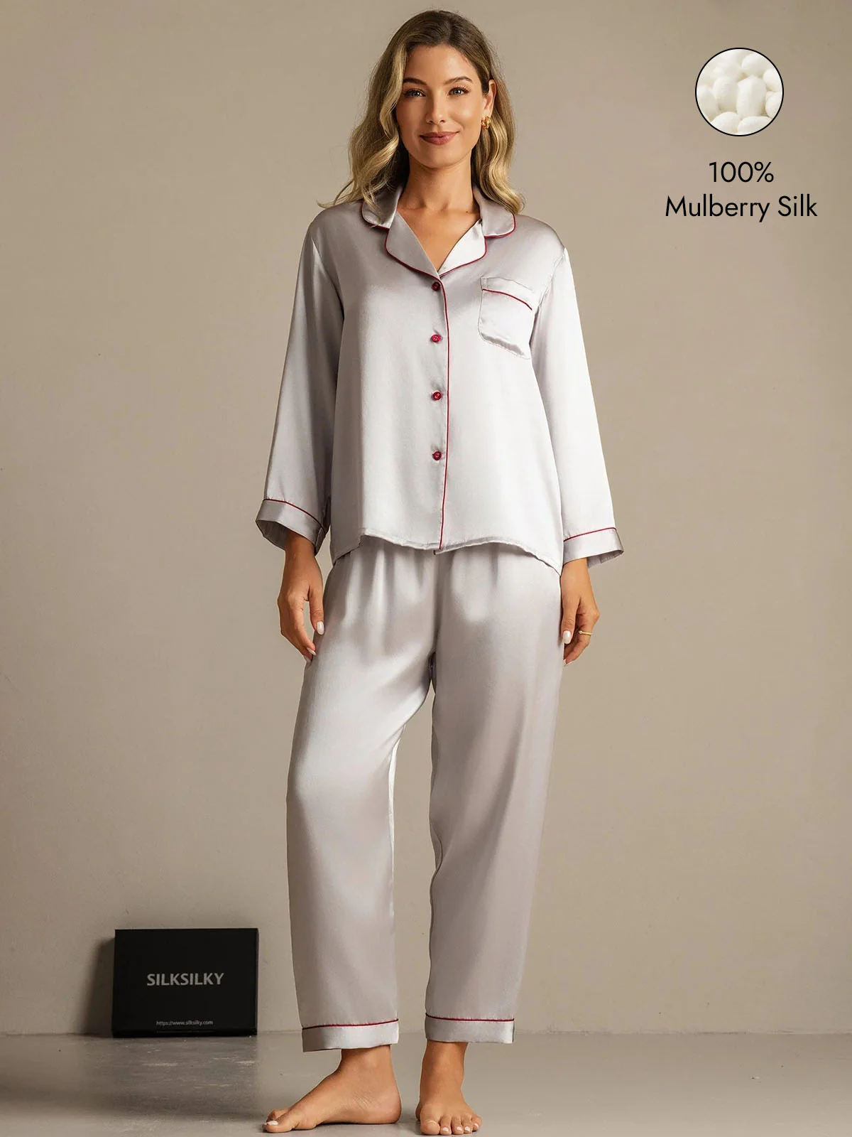 Women's Pure Silk Long Sleeve Notch Collar Pajamas Set - Image 78