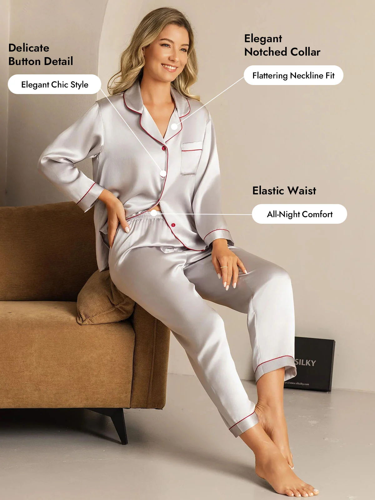 Women's Pure Silk Long Sleeve Notch Collar Pajamas Set - Image 82