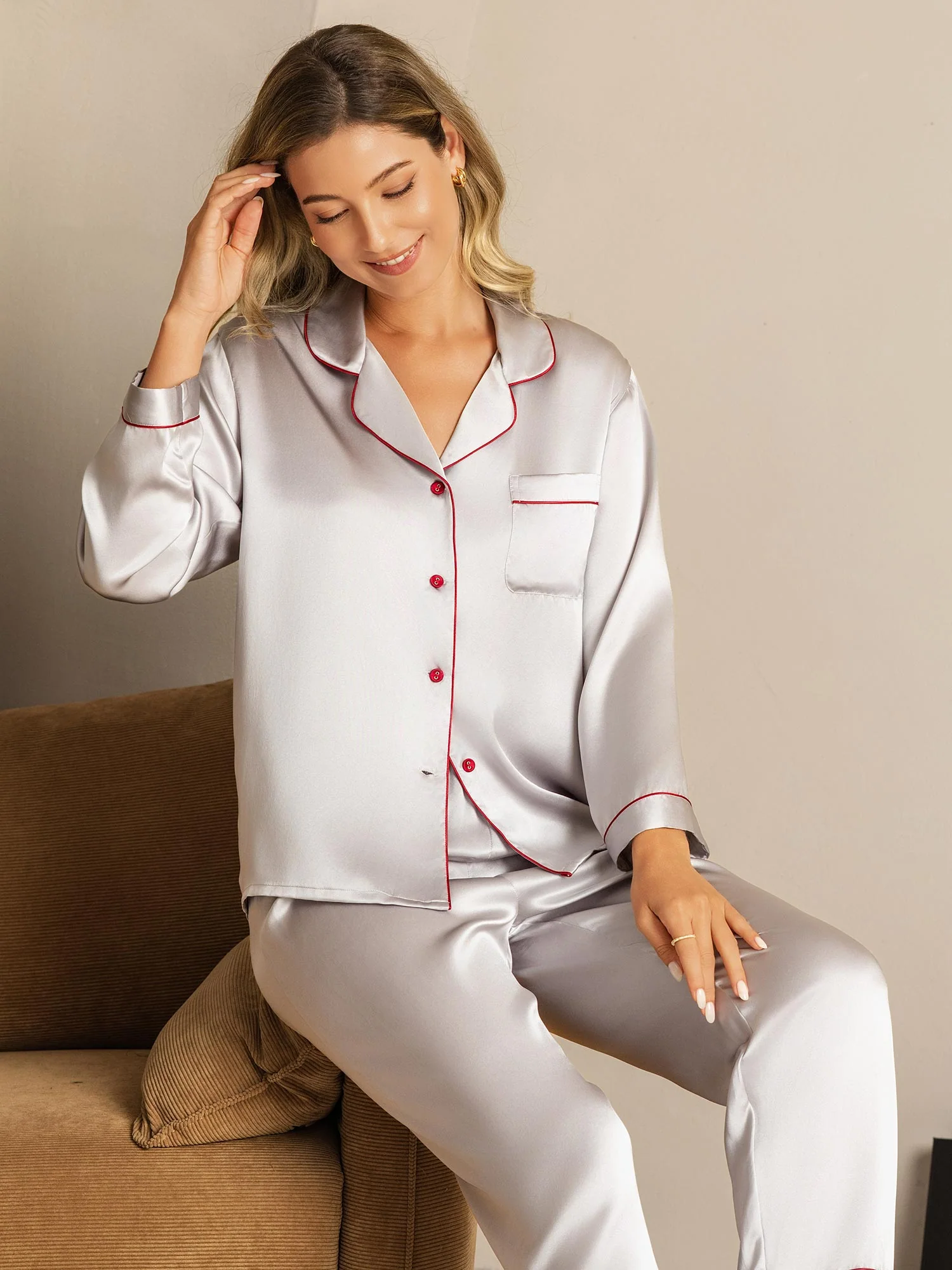 Women's Pure Silk Long Sleeve Notch Collar Pajamas Set - Image 88