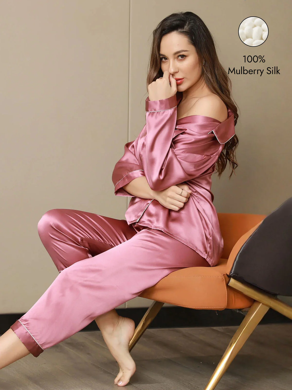 Women's Pure Silk Long Sleeve Notch Collar Pajamas Set - Image 90