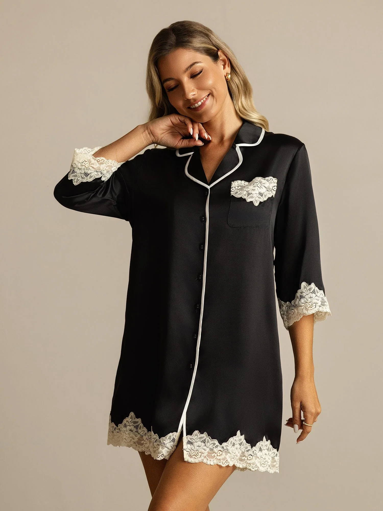 Pure Silk Button Up Nightshirt with Lace Design - Image 18