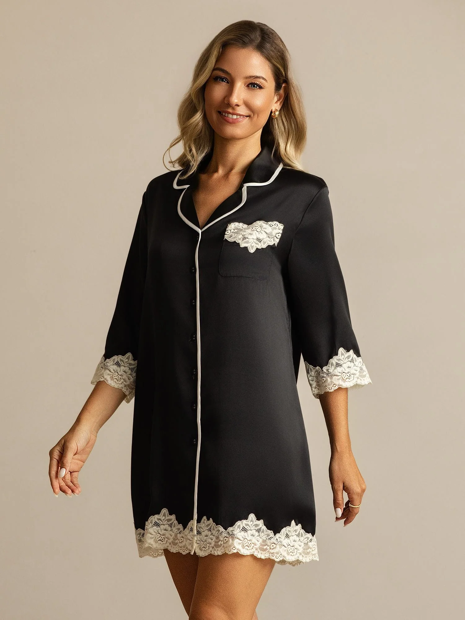 Pure Silk Button Up Nightshirt with Lace Design - Image 24