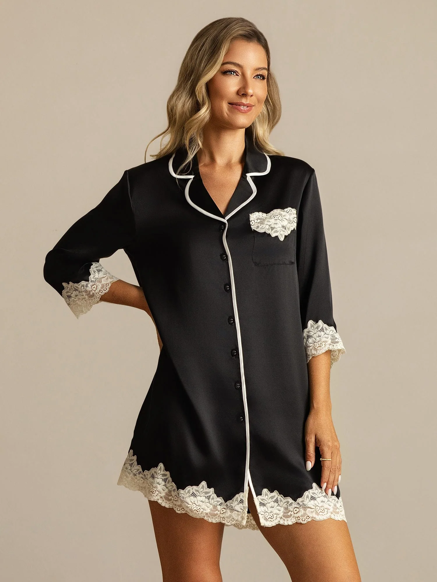 Pure Silk Button Up Nightshirt with Lace Design - Image 25