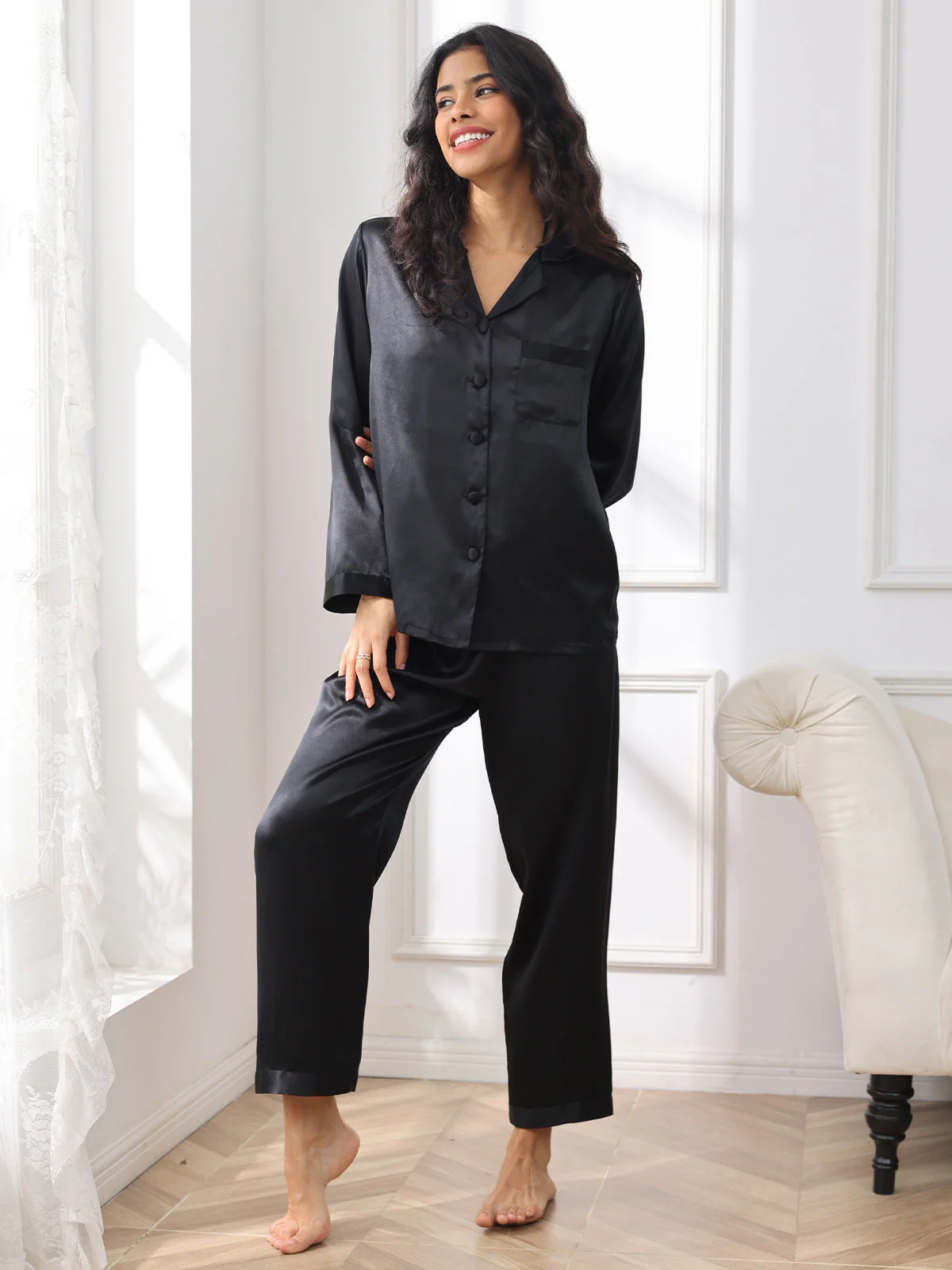 Women's Pure Silk Long Sleeve Pajamas Set - Image 35