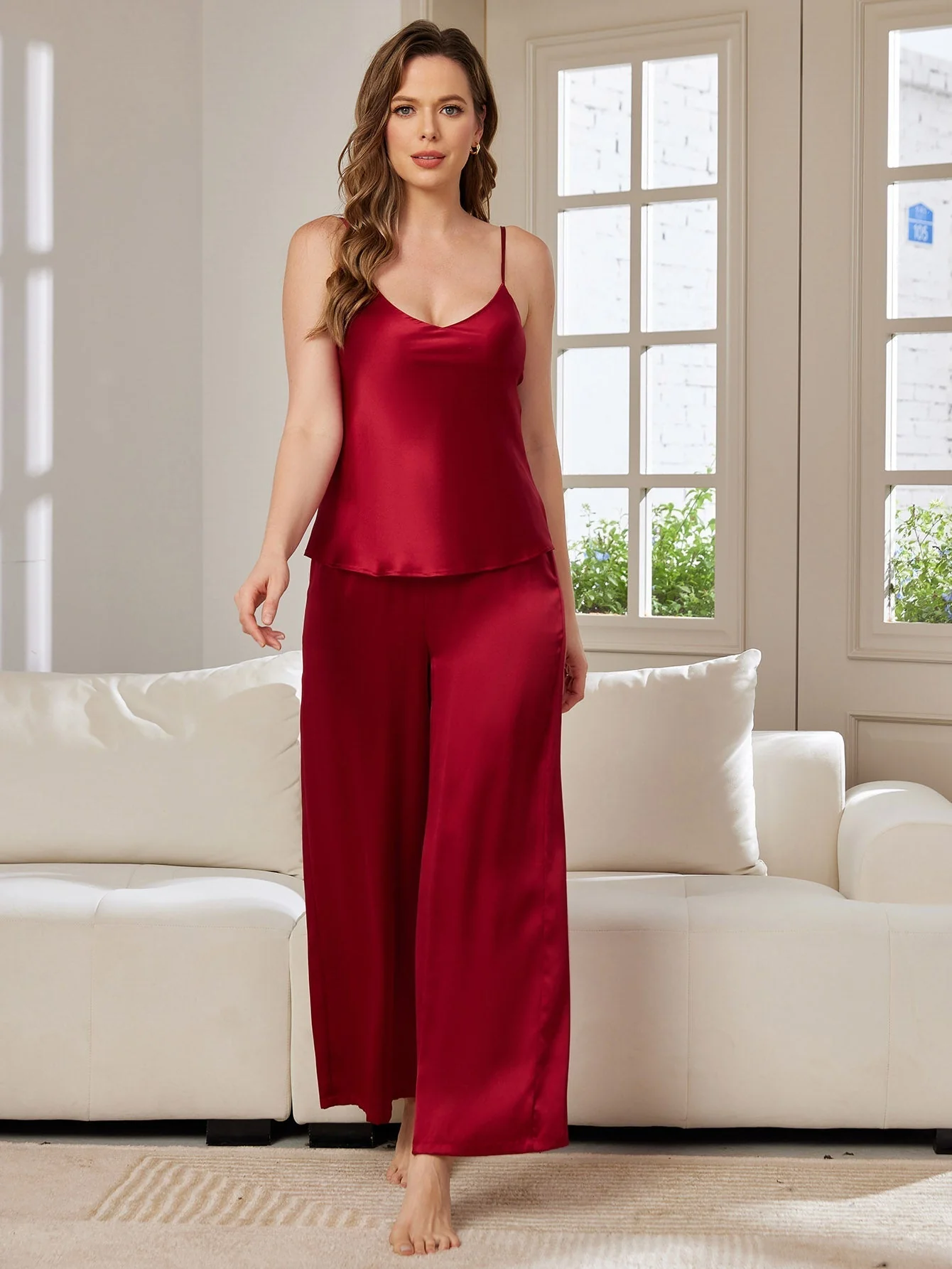 Pure Silk Spaghetti Strap V Neck Cami & Wide Leg Pants Set - Image 18
