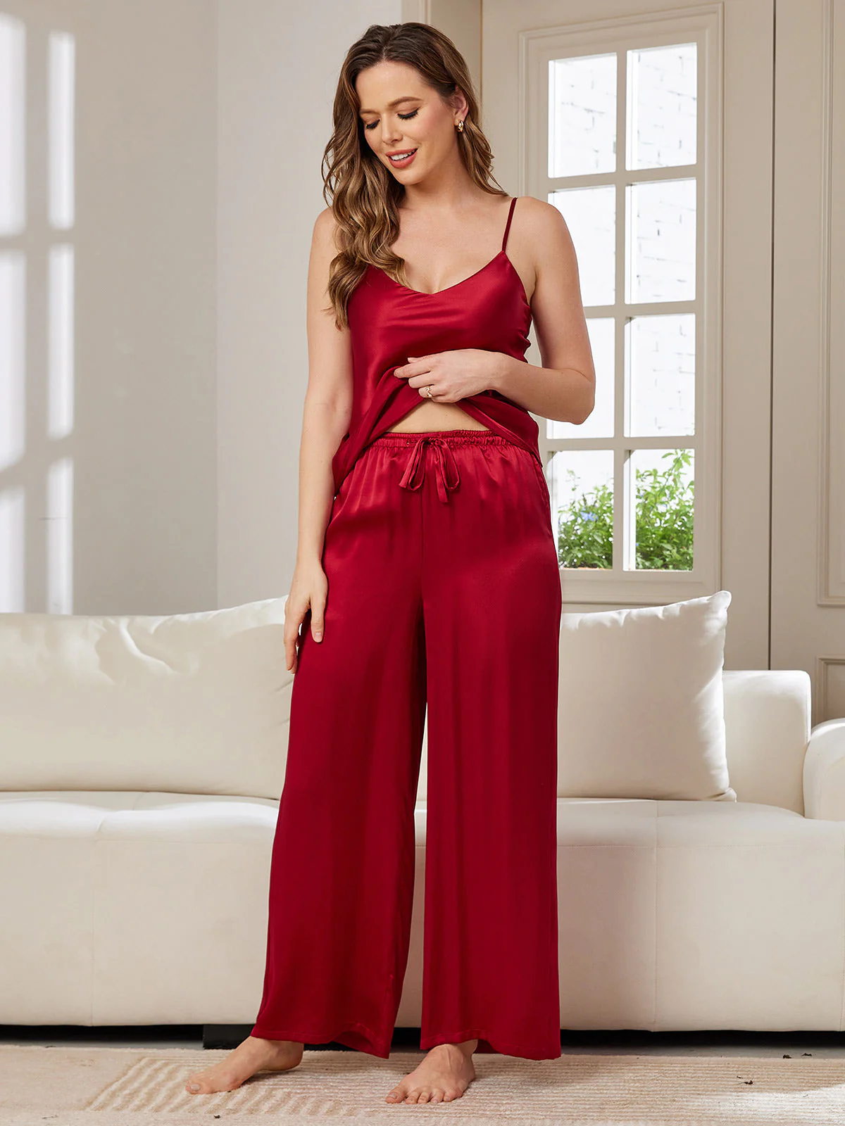 Pure Silk Spaghetti Strap V Neck Cami & Wide Leg Pants Set - Image 20