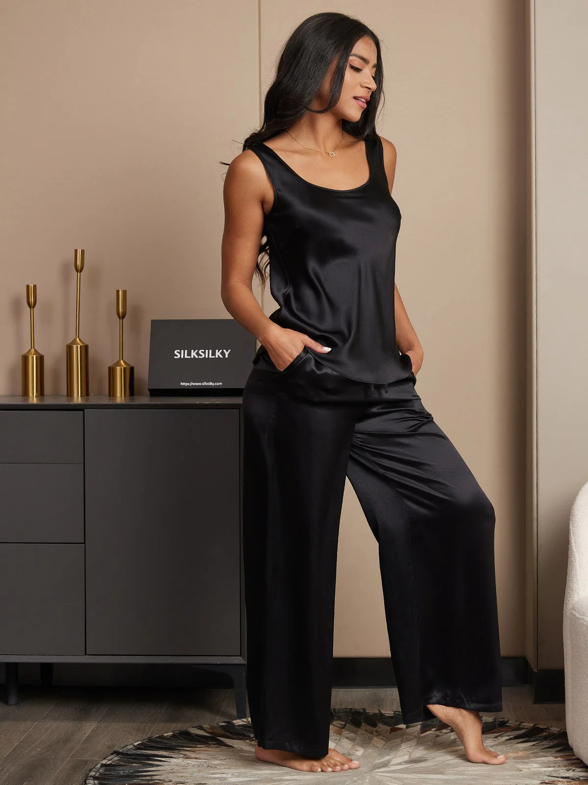 Pure Silk Sleeveless U-Neck Tank Top & Wide Leg Pants Set - Image 17