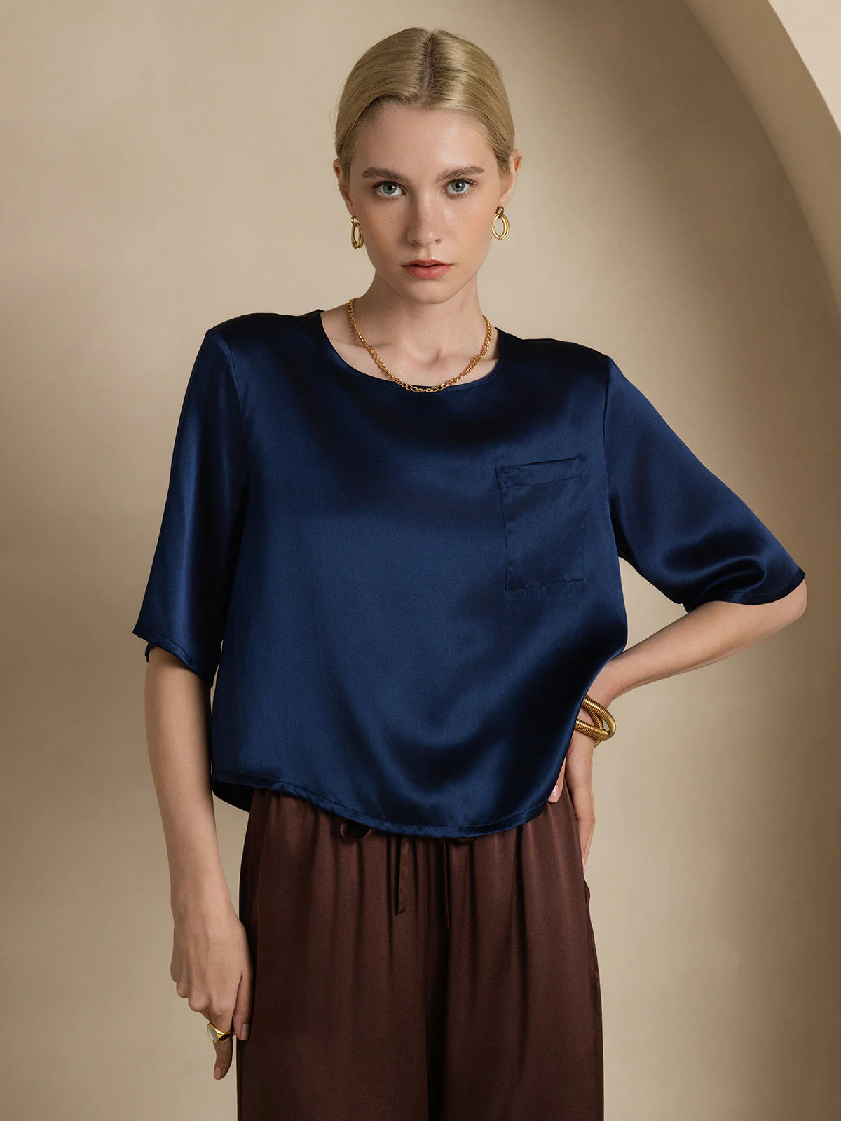 Pure Silk Half Sleeve U Neck Women's T-Shirt - Image 24