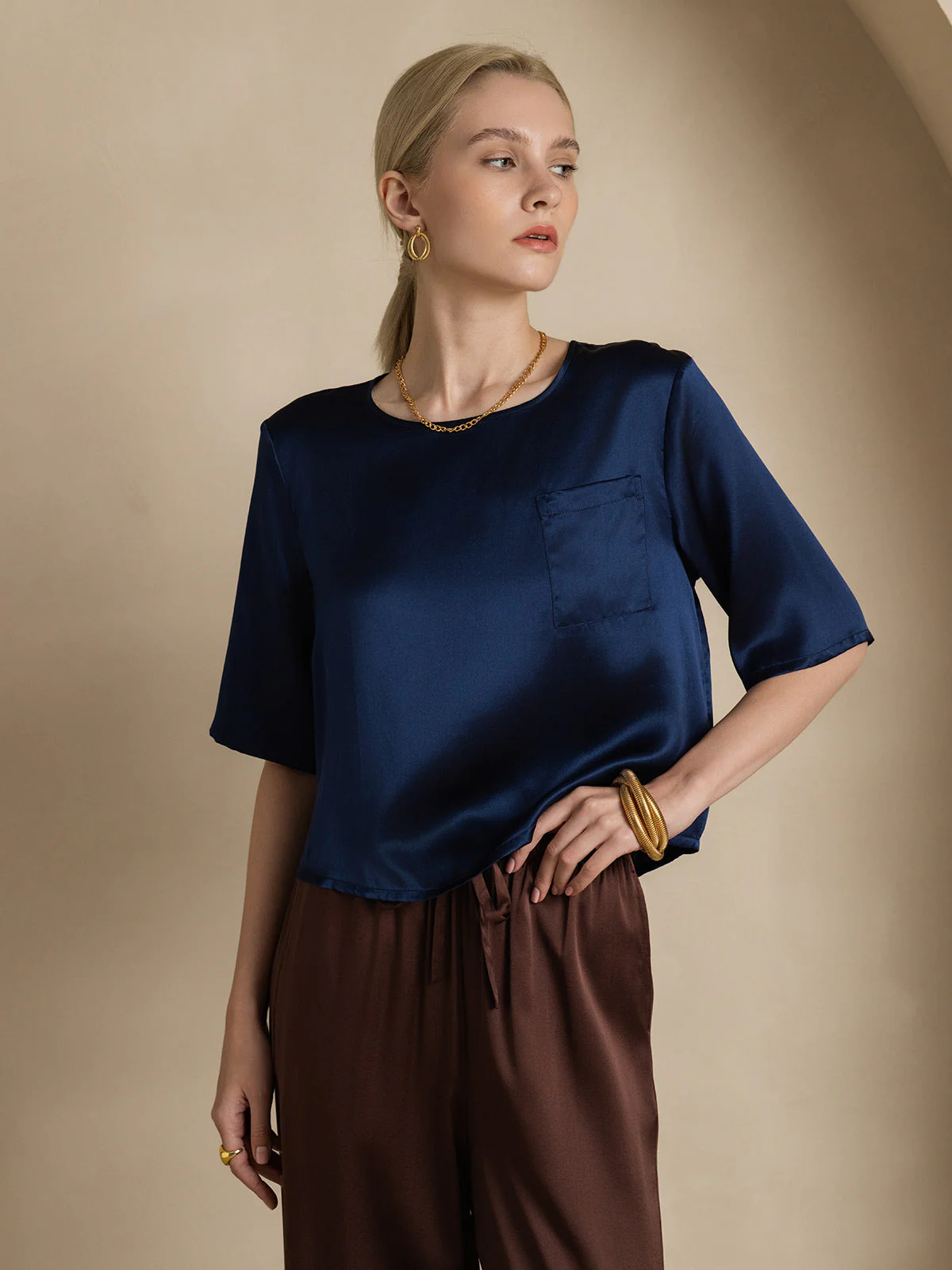 Pure Silk Half Sleeve U Neck Women's T-Shirt - Image 25