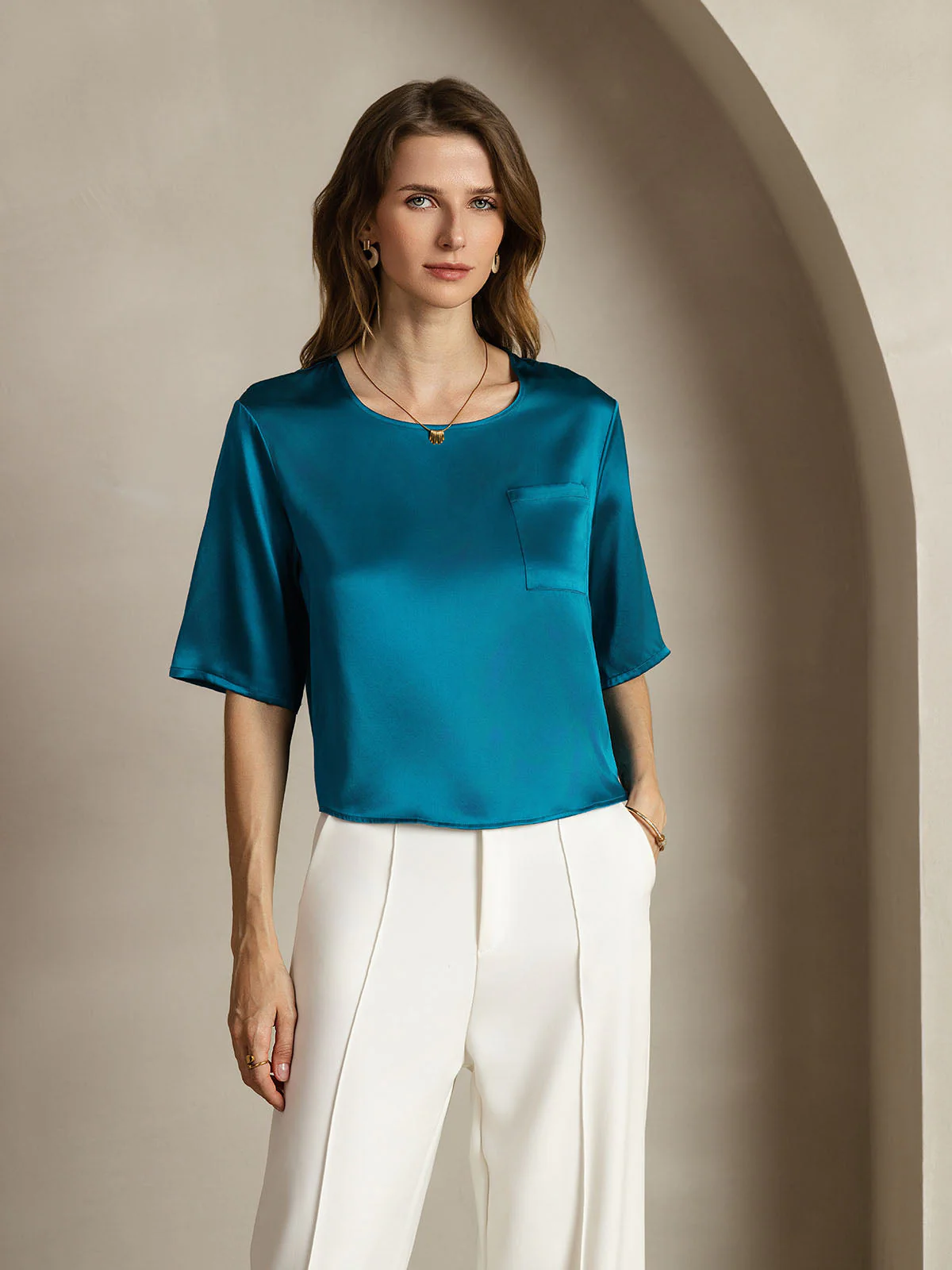 Pure Silk Half Sleeve U Neck Women's T-Shirt - Image 34