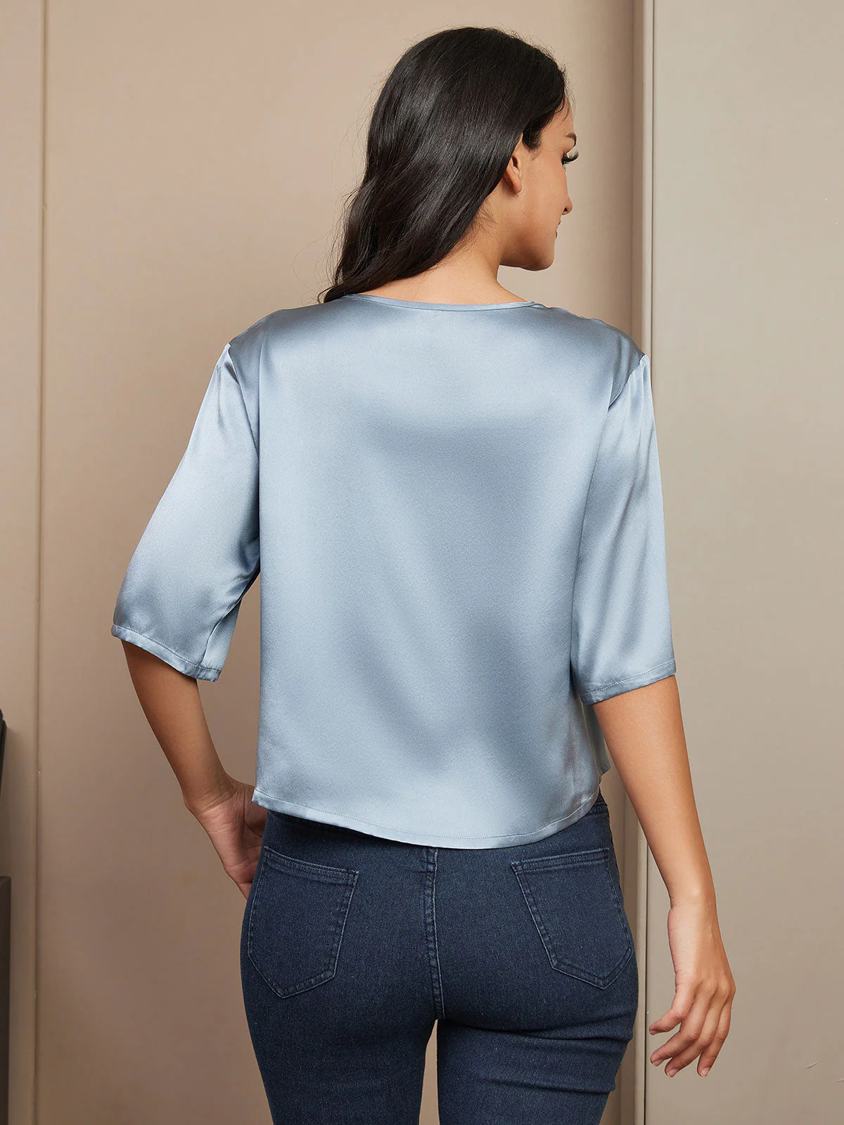 Pure Silk Half Sleeve U Neck Women's T-Shirt - Image 40